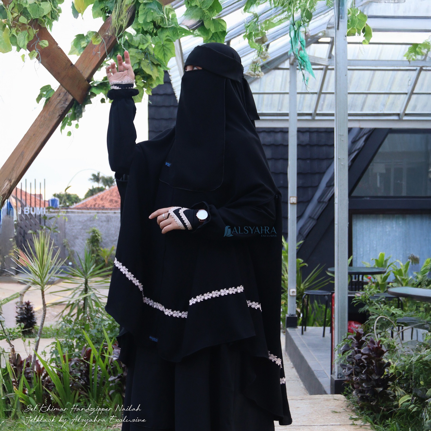 Alsyahra Exclusive - Set Khimar Syari Handzipper Nailah Niqab Poni Soft Jetblack Size XXL