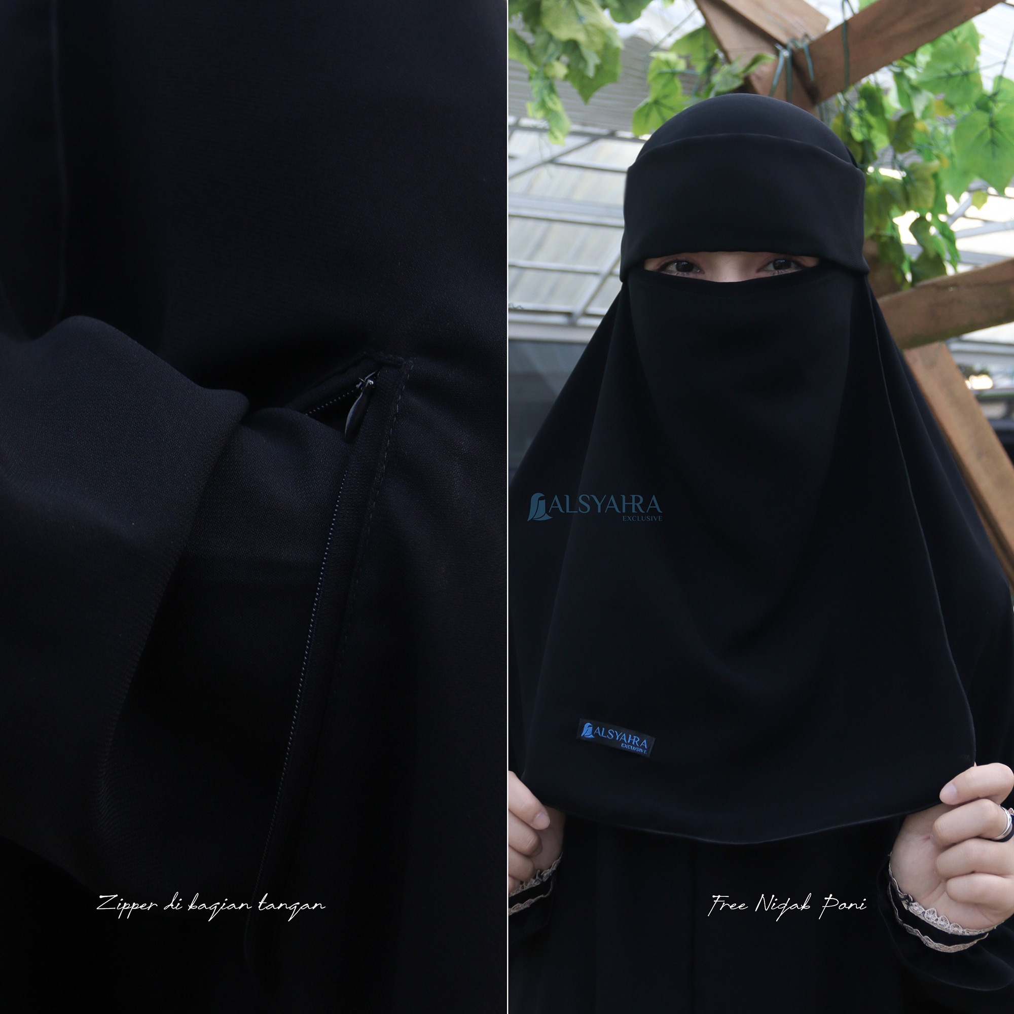 Alsyahra Exclusive - Set Khimar Syari Handzipper Nailah Niqab Poni Soft Jetblack Size XXL