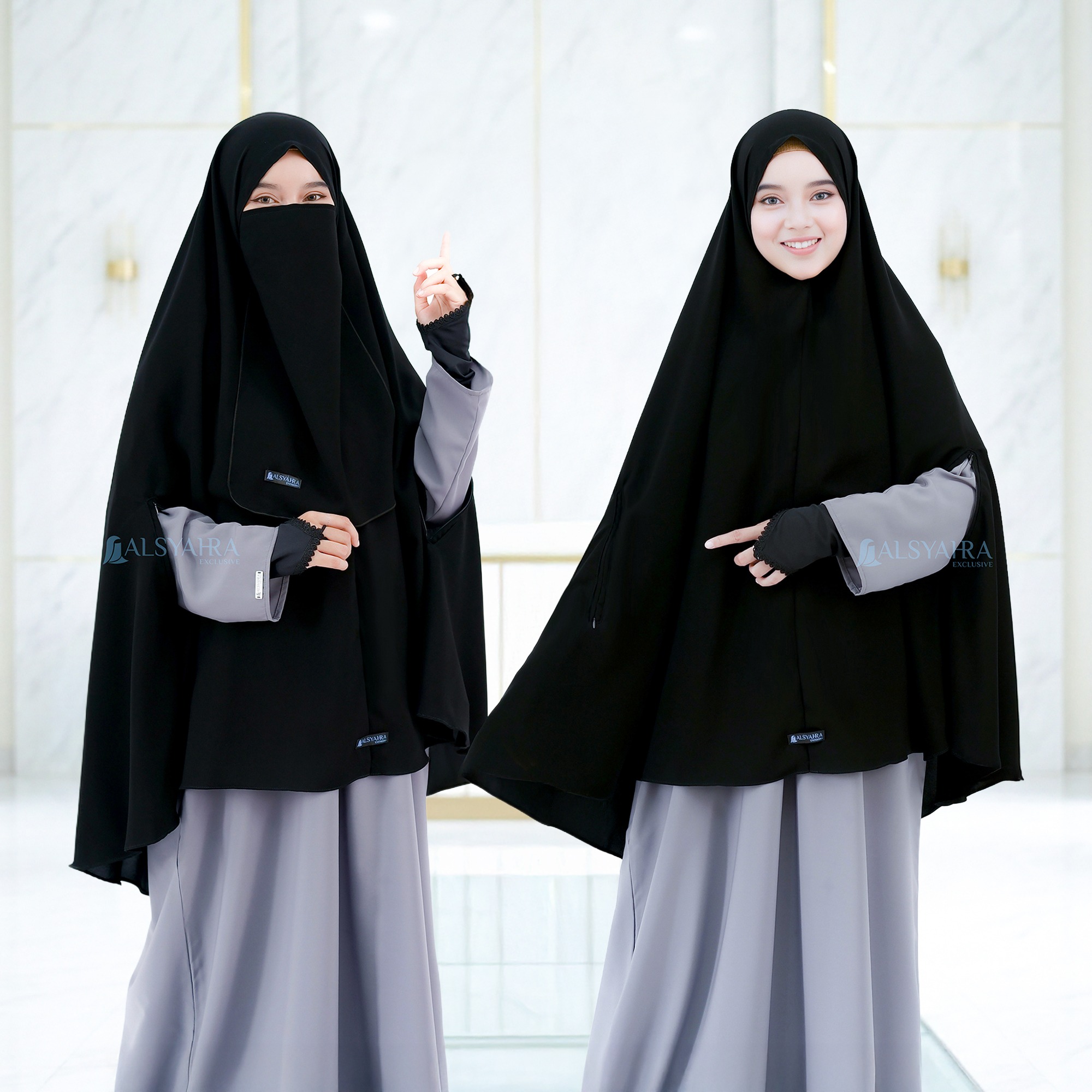 Alsyahra Exclusive - Set Khimar Syari Handzipper Cadar Tali Jetblack Size XL