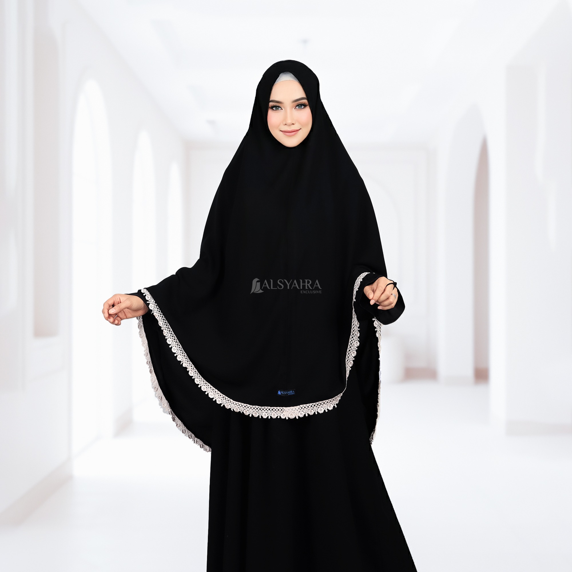 Alsyahra Exclusive - Set Khimar Syari Kamila Cadar Tali Soft Jetblack Size XL