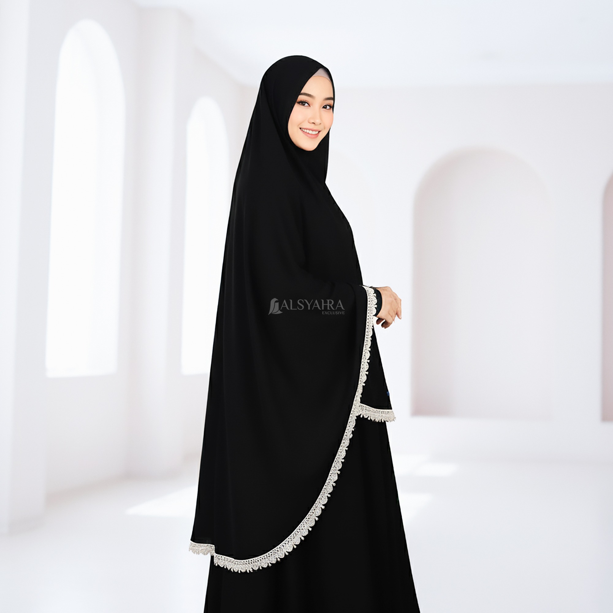 Alsyahra Exclusive - Set Khimar Syari Kamila Cadar Tali Soft Jetblack Size XL