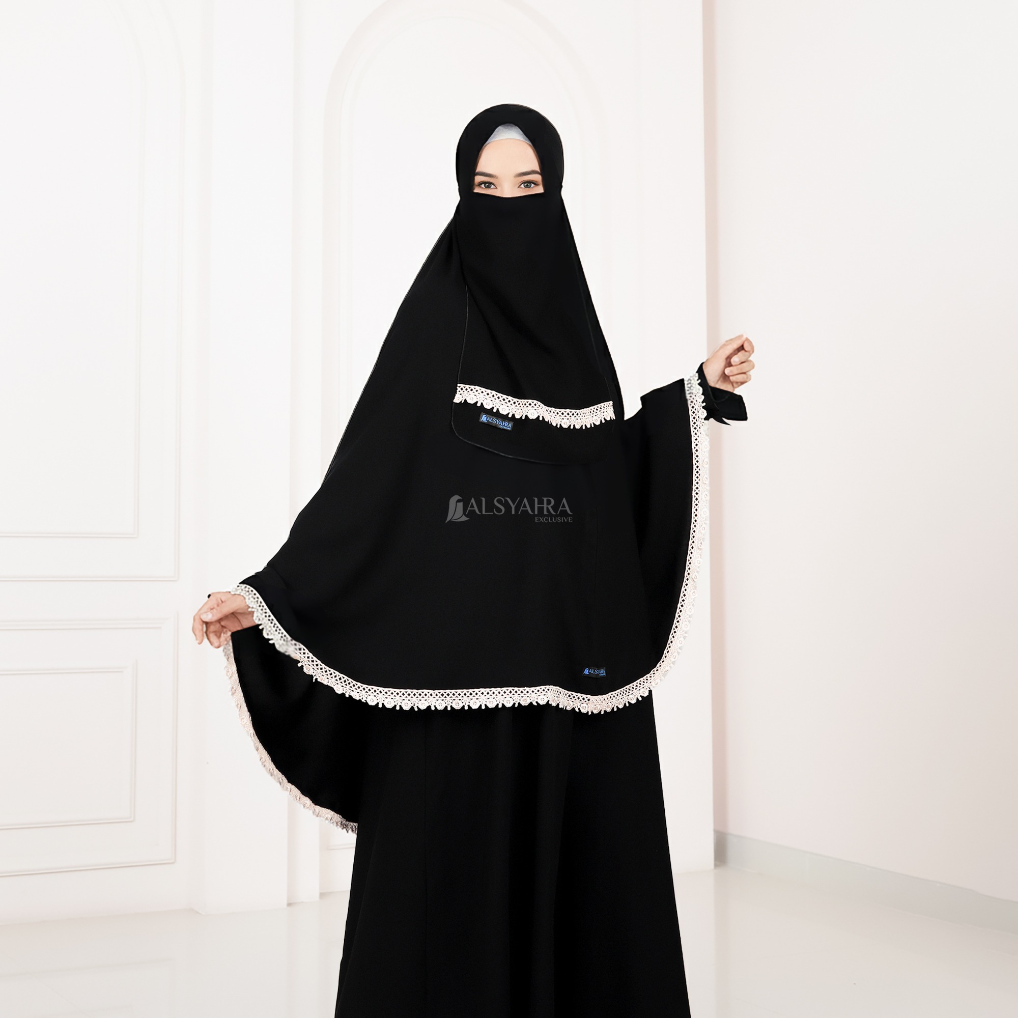 Alsyahra Exclusive - Set Khimar Syari Kamila Cadar Tali Soft Jetblack Size XL