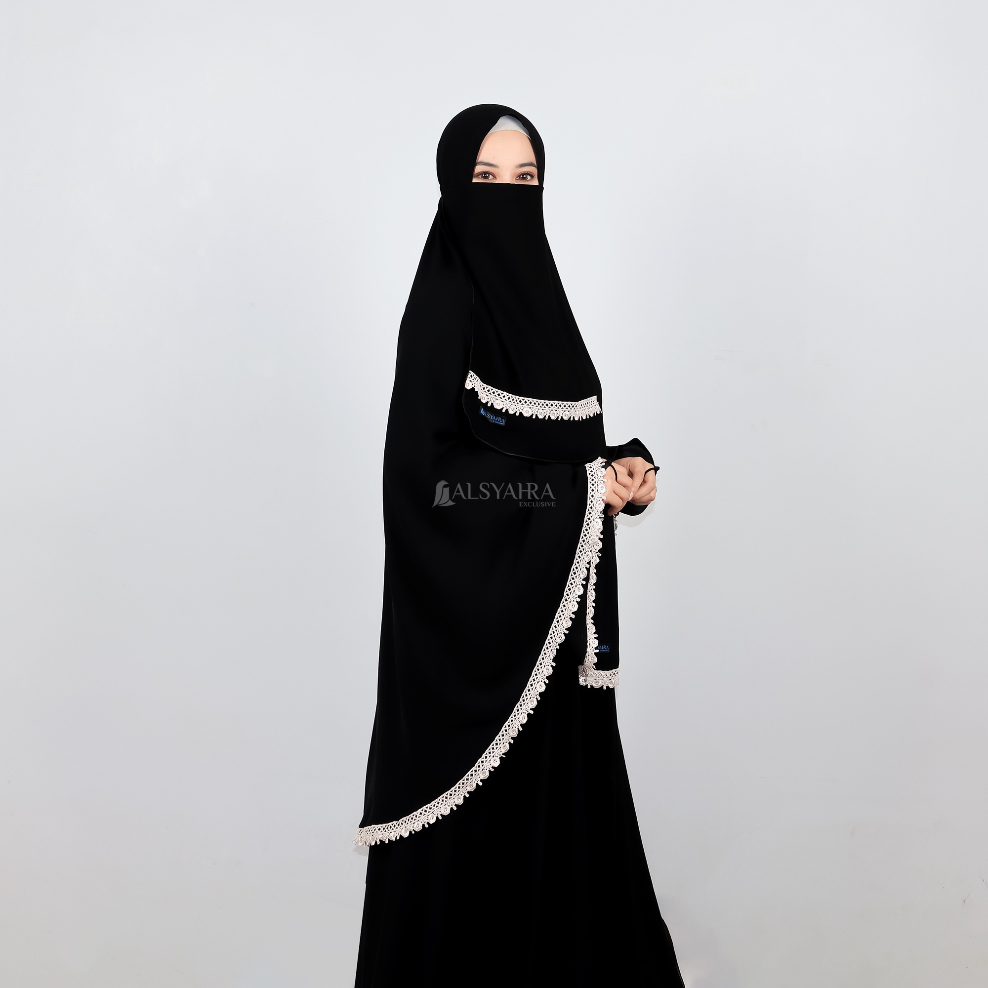 Alsyahra Exclusive - Set Khimar Syari Kamila Cadar Tali Soft Jetblack Size XL