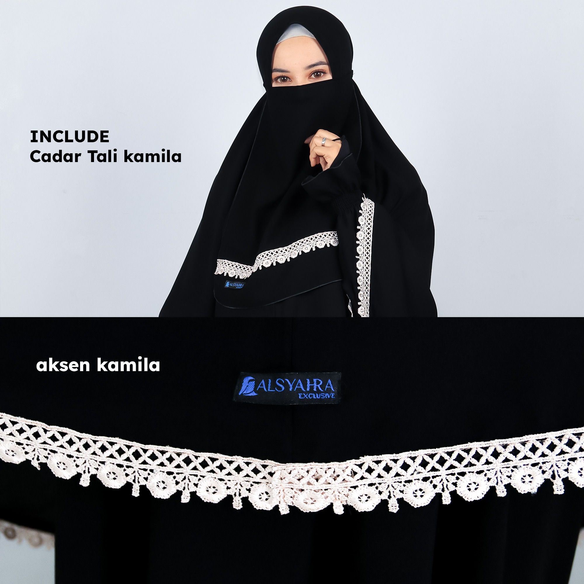 Alsyahra Exclusive - Set Khimar Syari Kamila Cadar Tali Soft Jetblack Size XL
