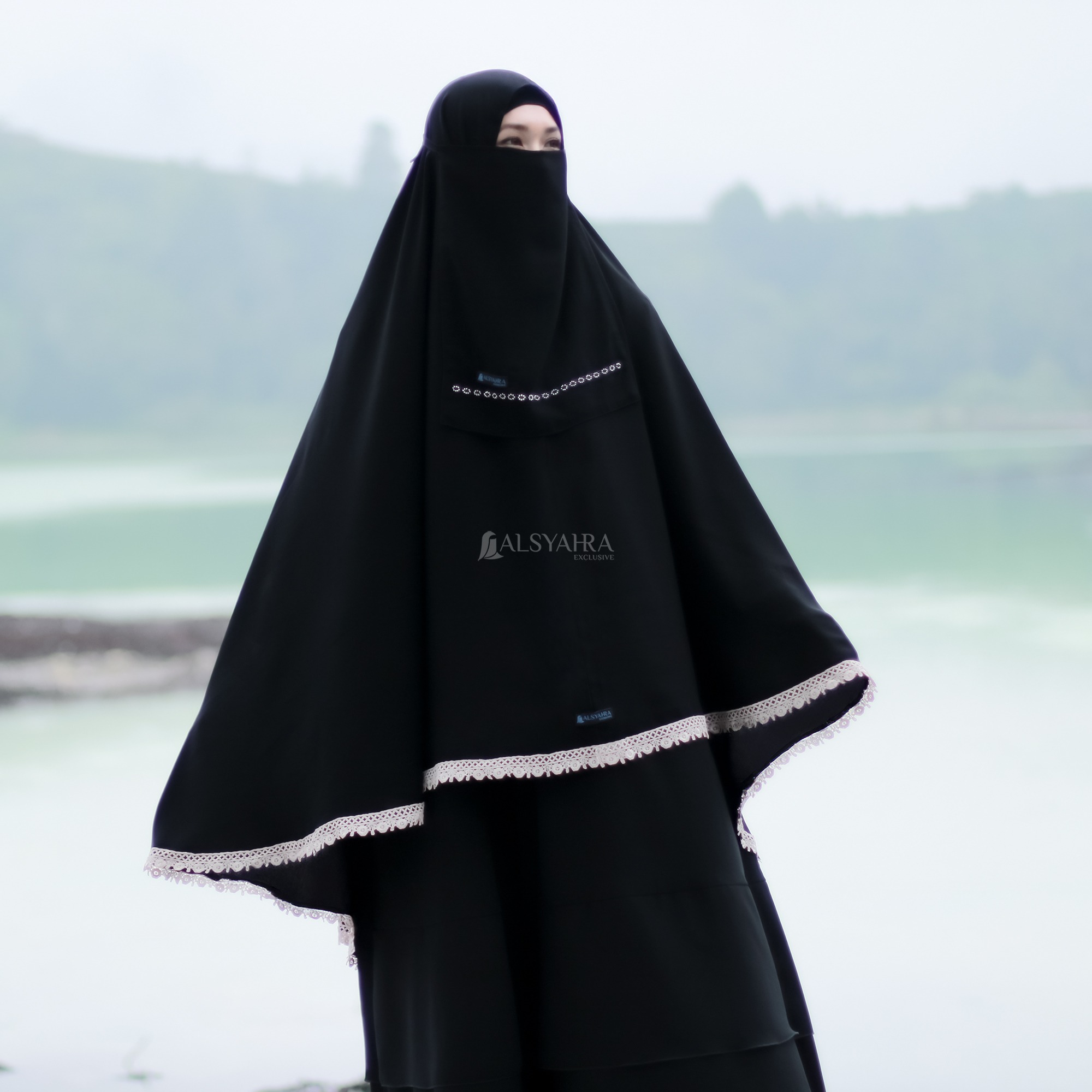 Alsyahra Exclusive - Set Khimar Syari Kamila Cadar Tali Soft Jetblack Size XL