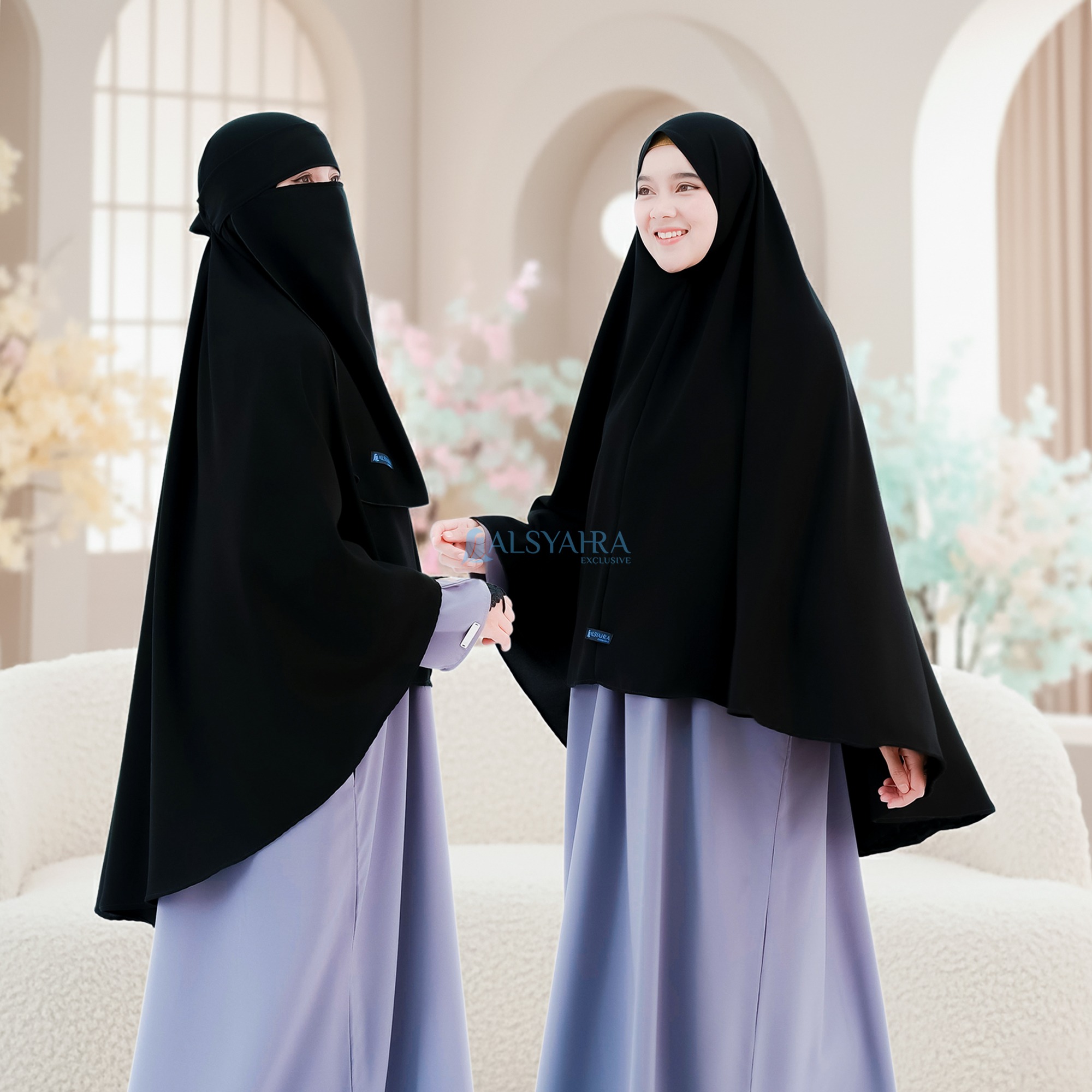 Alsyahra Exclusive - Set Khimar Syari Marwah Non Pad Niqab Bandana Jetblack Size L