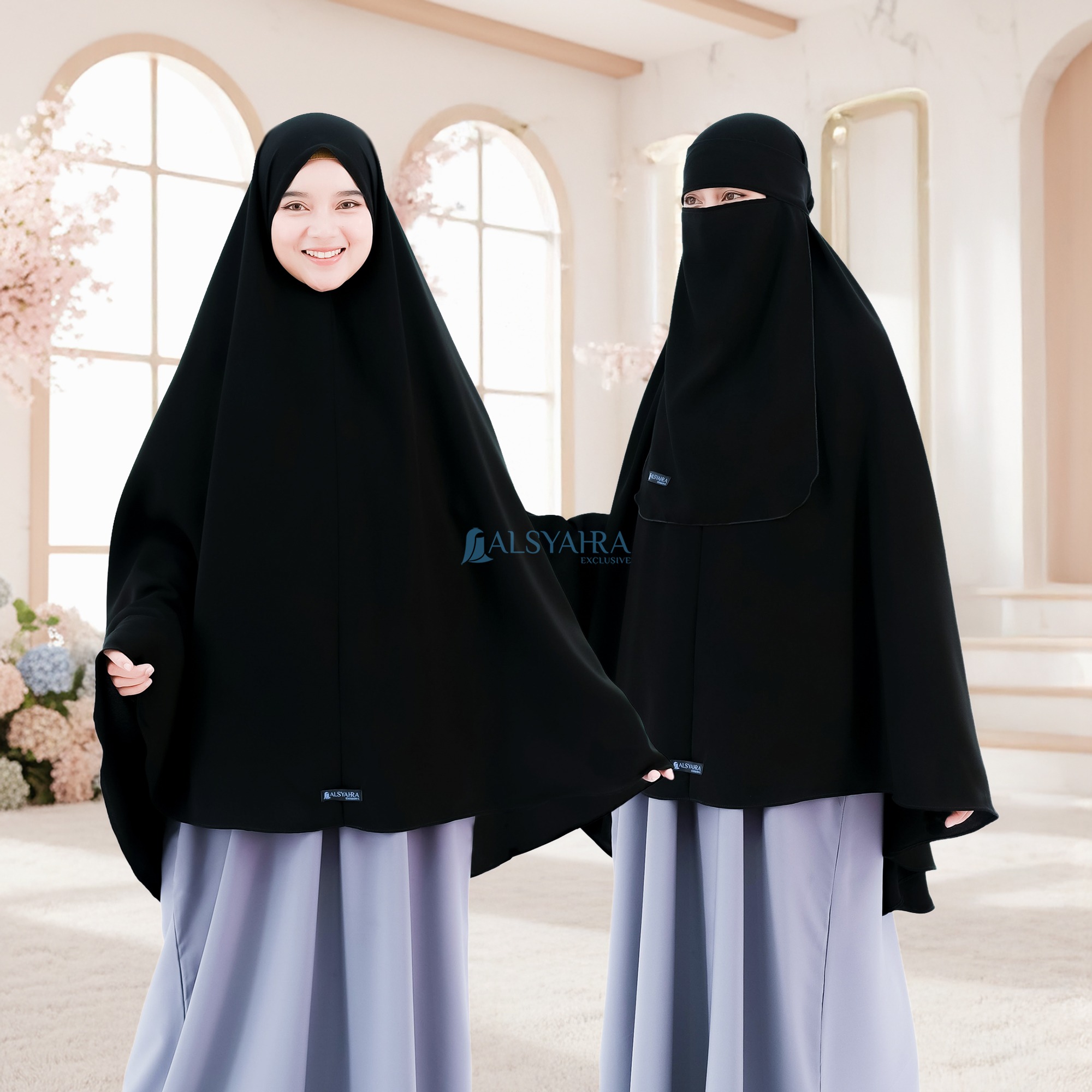 Alsyahra Exclusive - Set Khimar Syari Marwah Non Pad Niqab Bandana Jetblack Size XL
