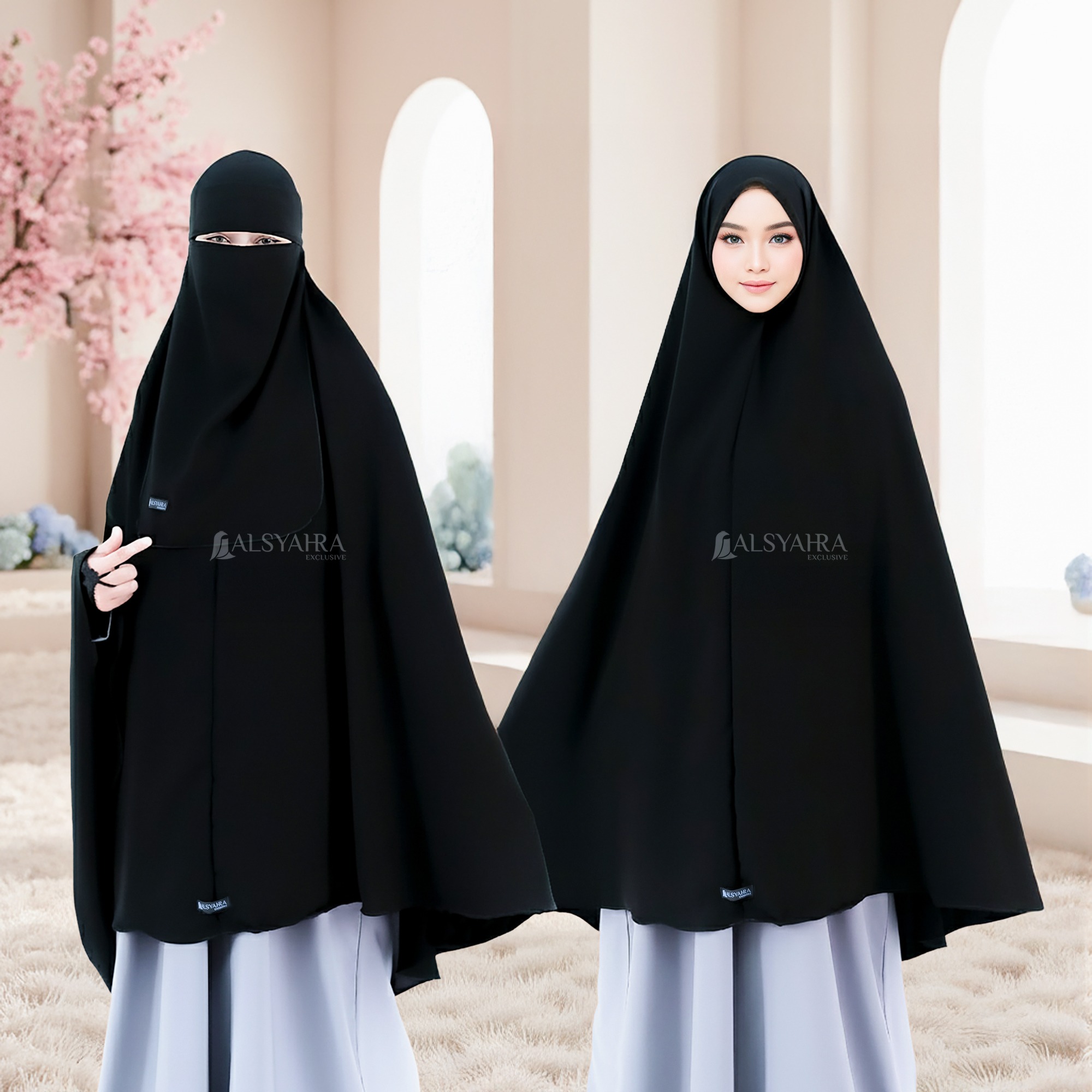 Alsyahra Exclusive - Set Khimar Syari Marwah Non Pad Niqab Bandana Jetblack Size XXL
