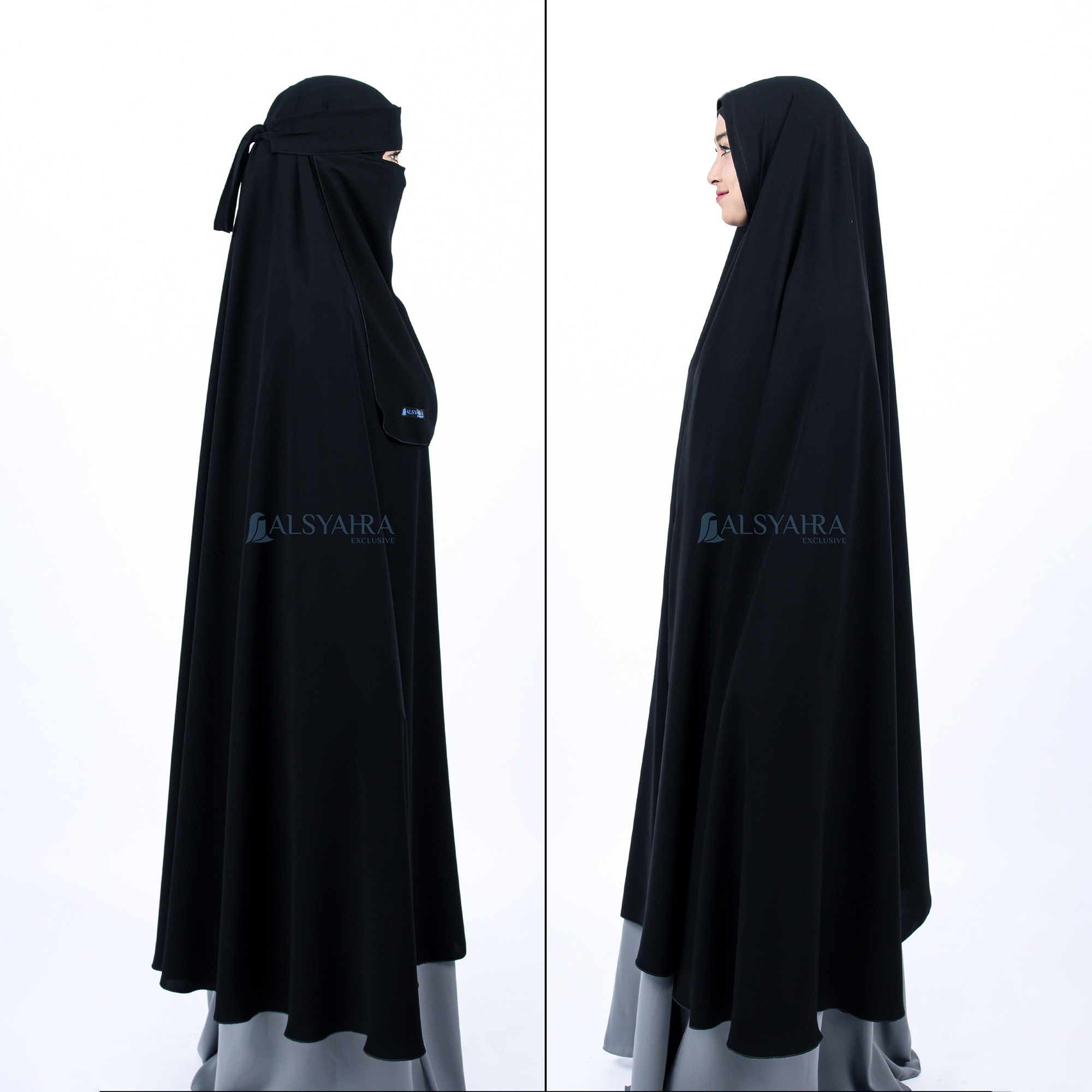 Alsyahra Exclusive - Set Long Khimar Like Mukena Haramain Niqab Bandana Jetblack