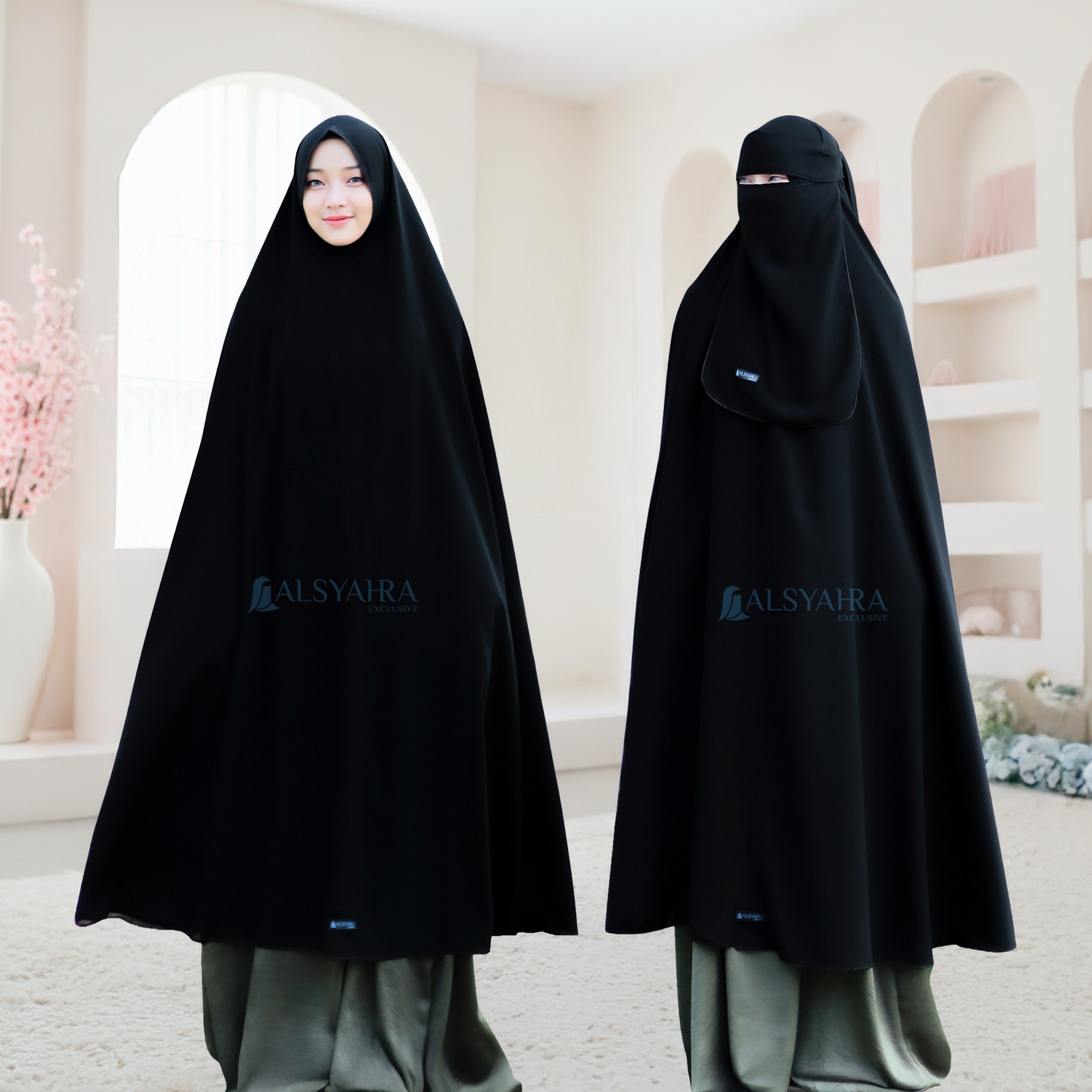 Alsyahra Exclusive - Set Long Khimar Like Mukena Haramain Niqab Bandana Jetblack