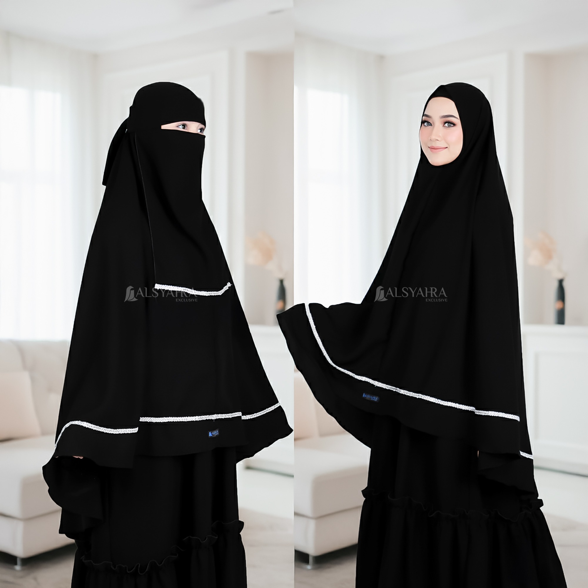 Alsyahra Exclusive - Set Khimar Syari Zahrah Niqab Bandana Soft Jetblack