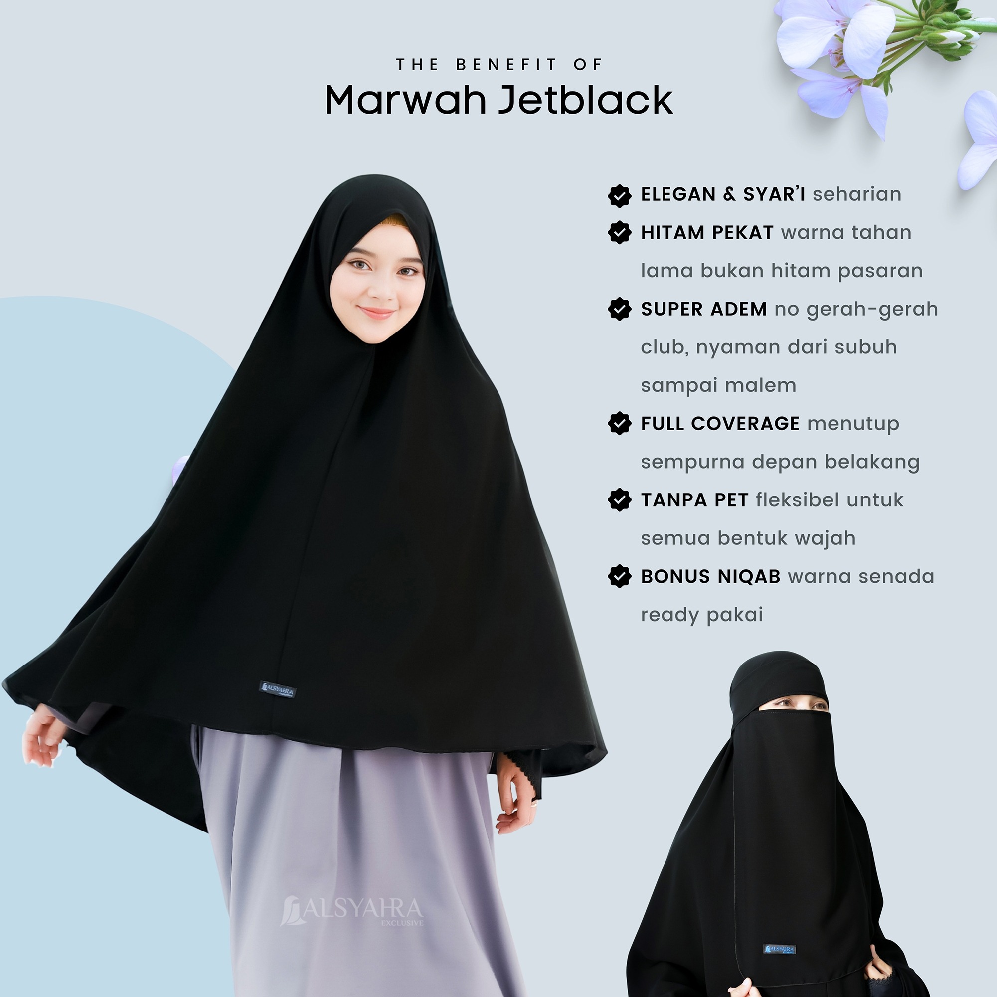 Alsyahra Exclusive - Set Khimar Syari Marwah Non Pad Niqab Bandana Jetblack Size L