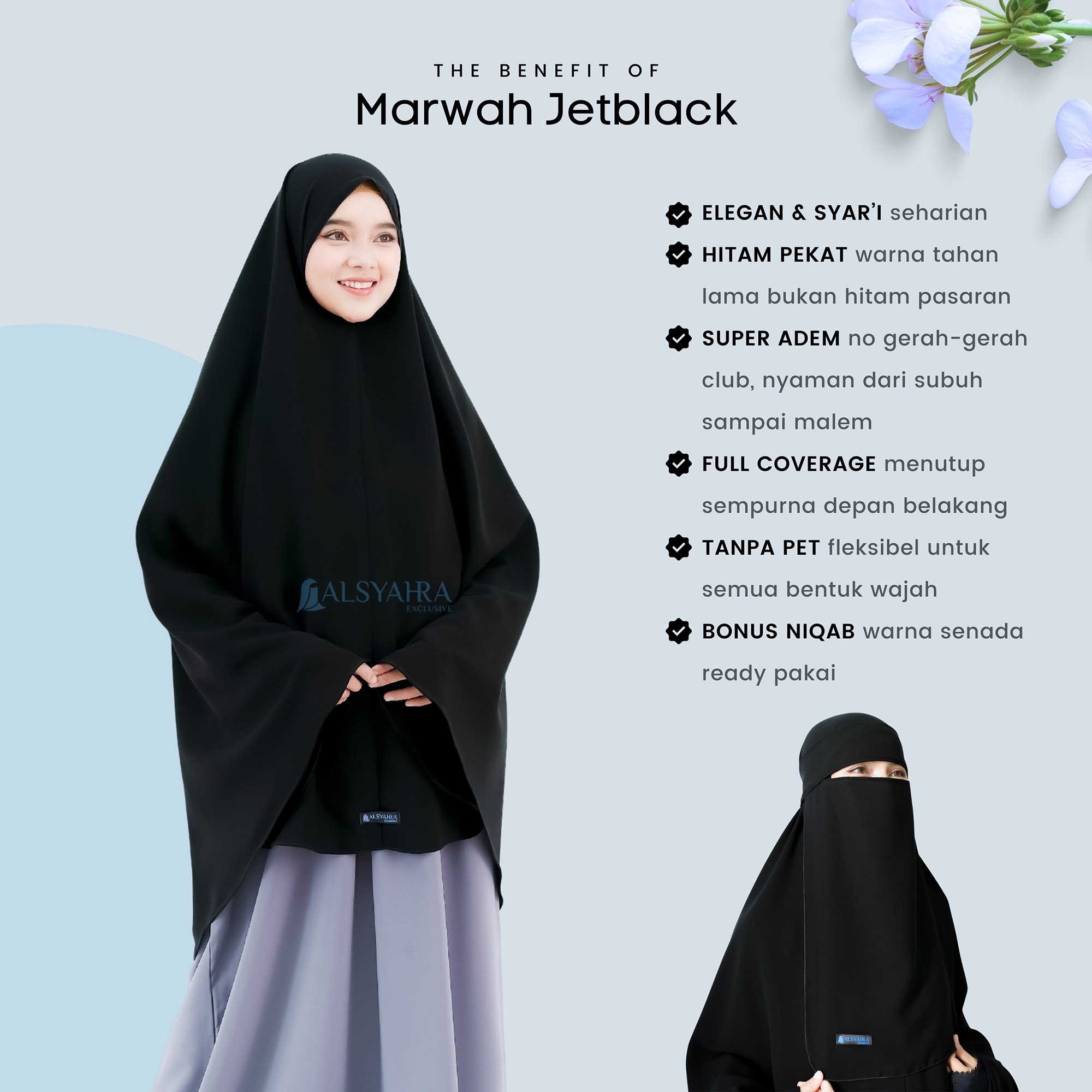 Alsyahra Exclusive - Set Khimar Syari Marwah Non Pad Niqab Bandana Jetblack Size XL