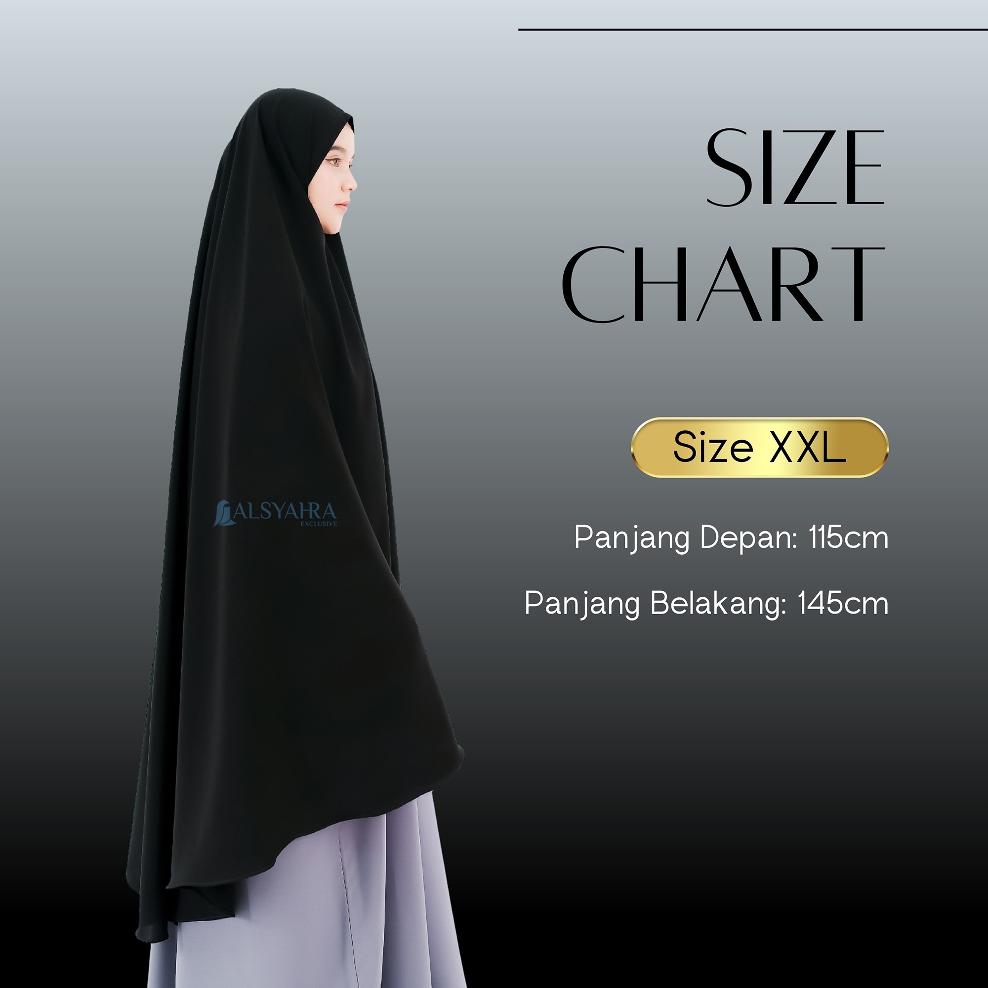 Alsyahra Exclusive - Set Khimar Syari Marwah Non Pad Niqab Bandana Jetblack Size XXL