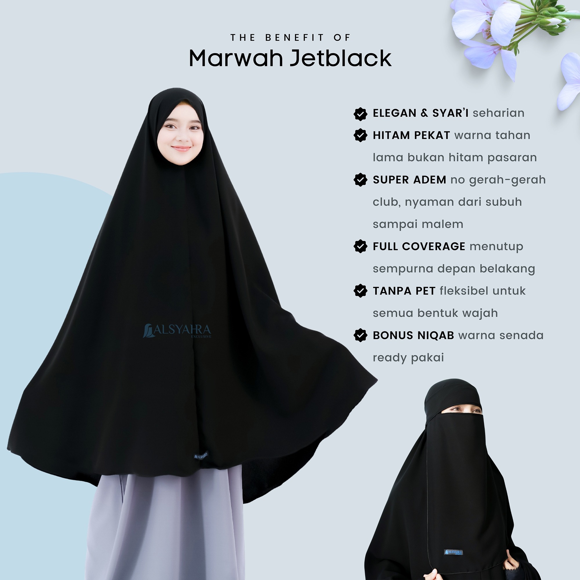 Alsyahra Exclusive - Set Khimar Syari Marwah Non Pad Niqab Bandana Jetblack Size XXL