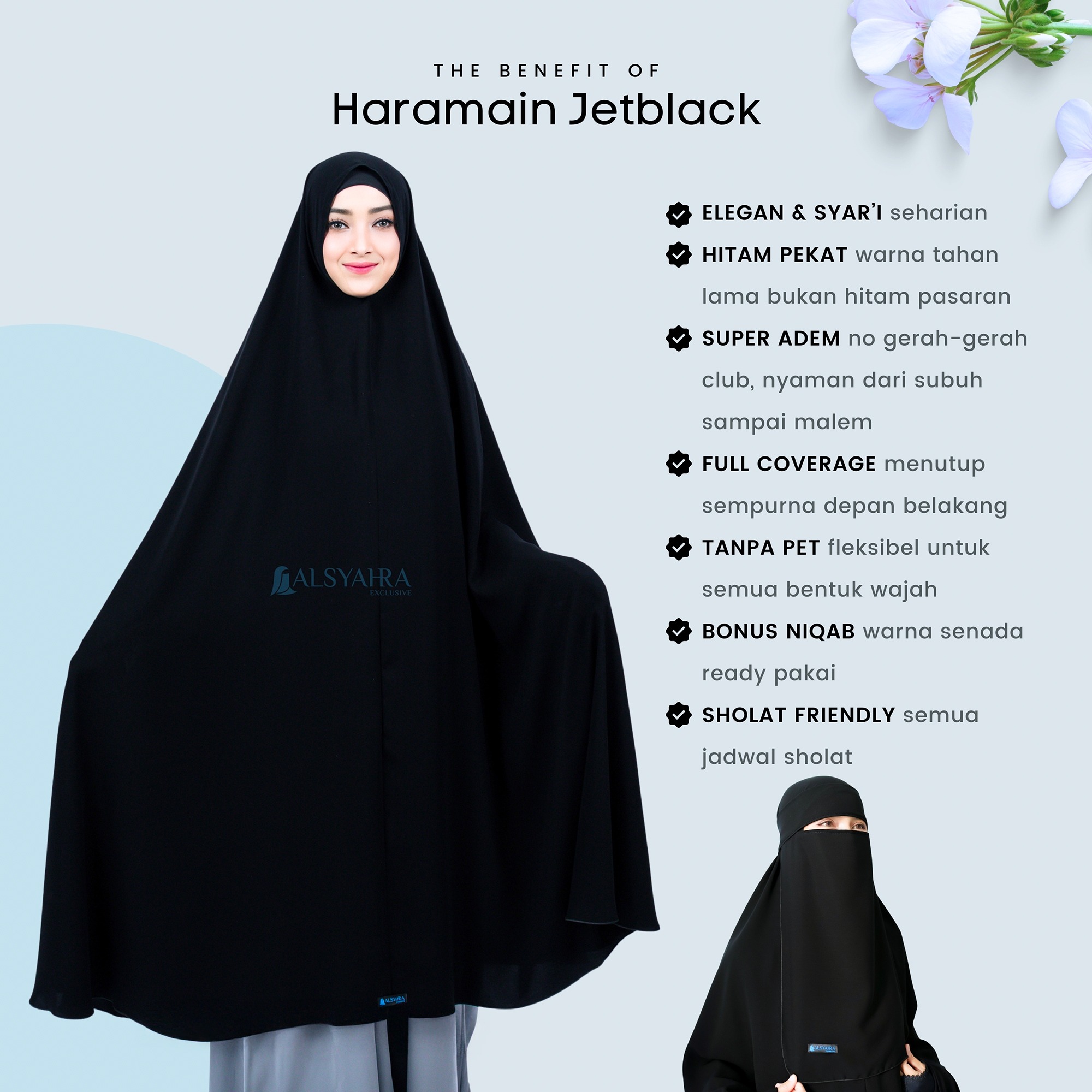 Alsyahra Exclusive - Set Long Khimar Like Mukena Haramain Niqab Bandana Jetblack
