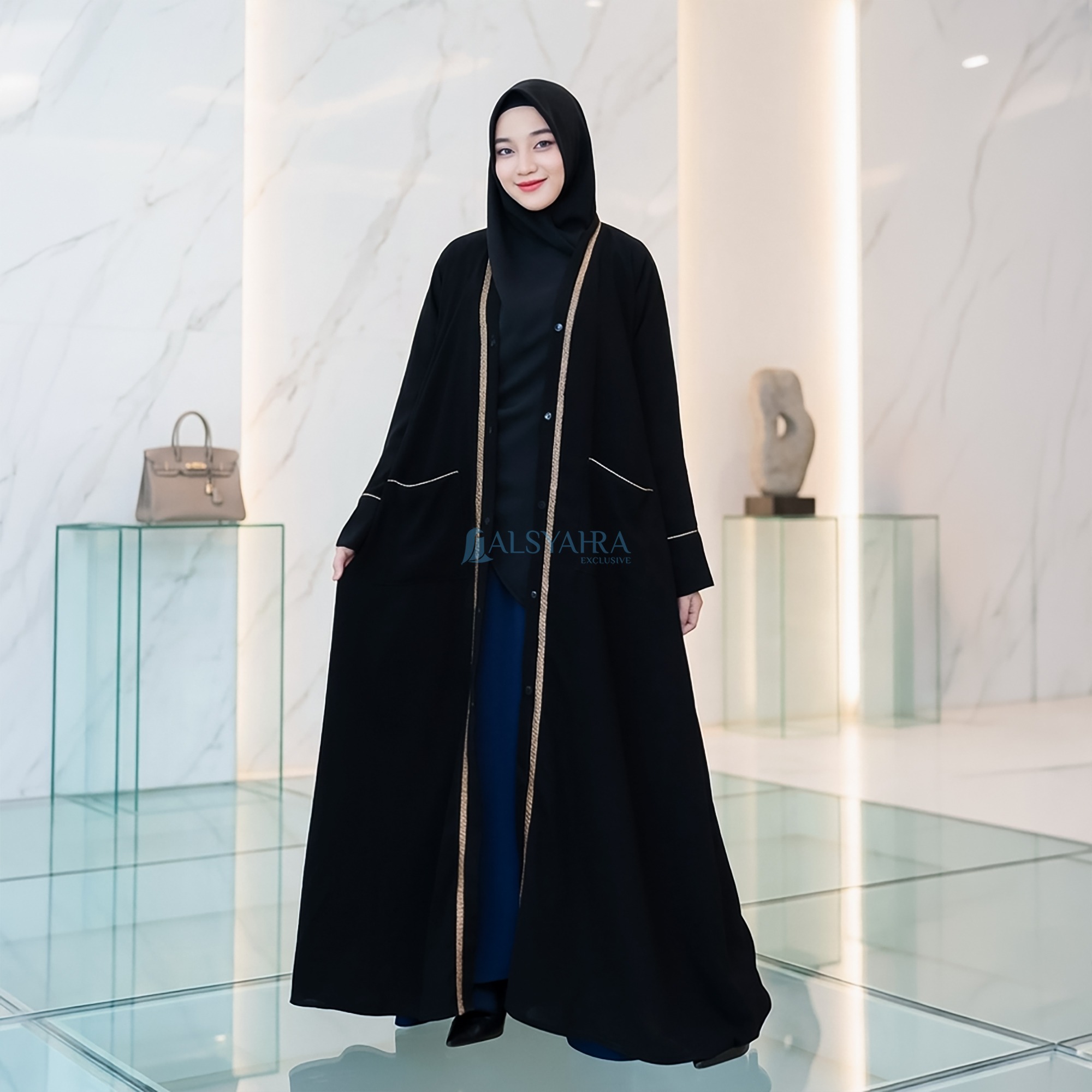 Alsyahra Exclusive - Long Outer Max Umroh Kiswah List Gold Jetblack
