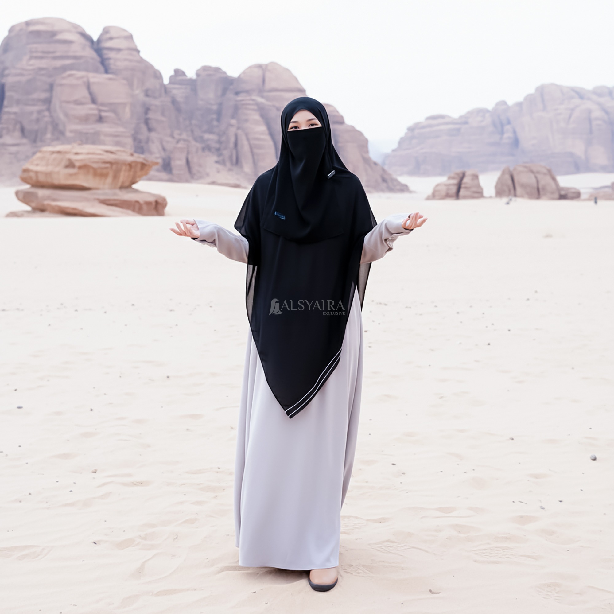 Alsyahra Exclusive - Set Pashmina Syari Eidelina List White Cadar Sifon Silk Jetblack Arab