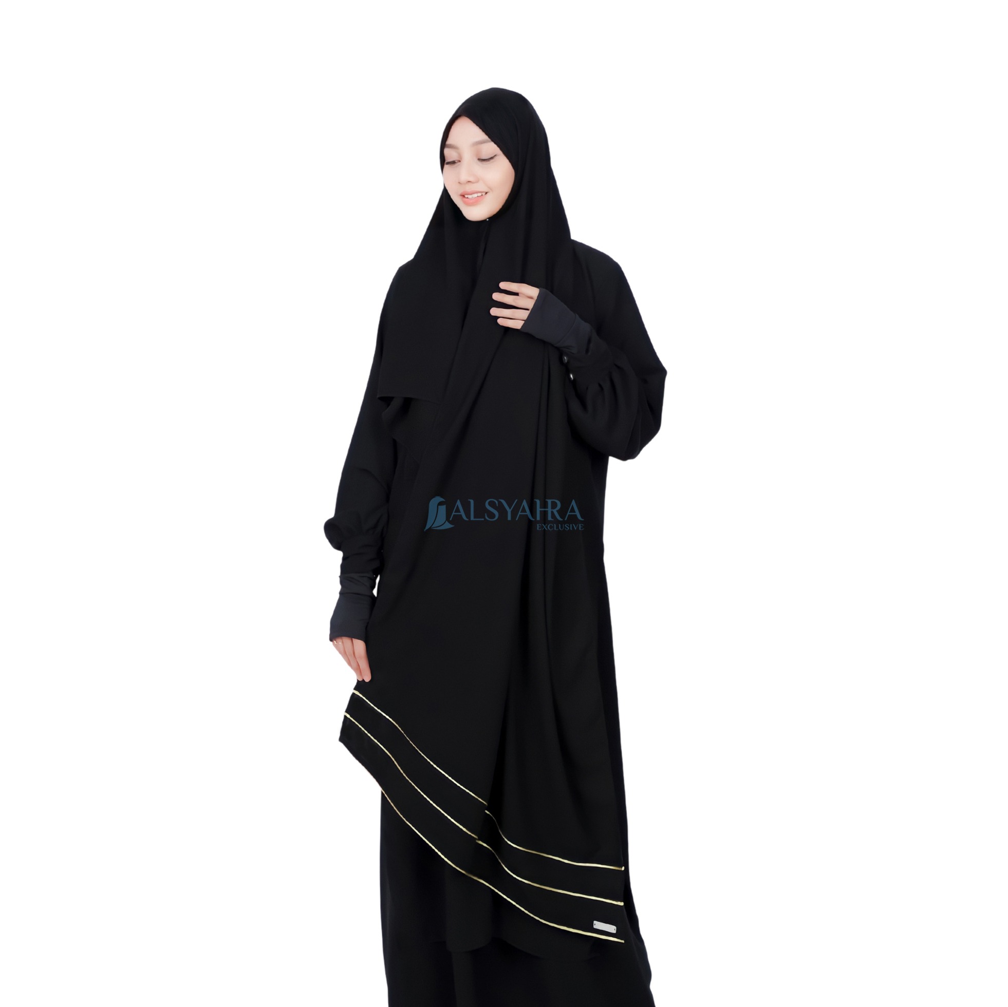 Alsyahra Exclusive - Set Long Pashmina Panjang Syahra List Gold Cadar Soft Jetblack