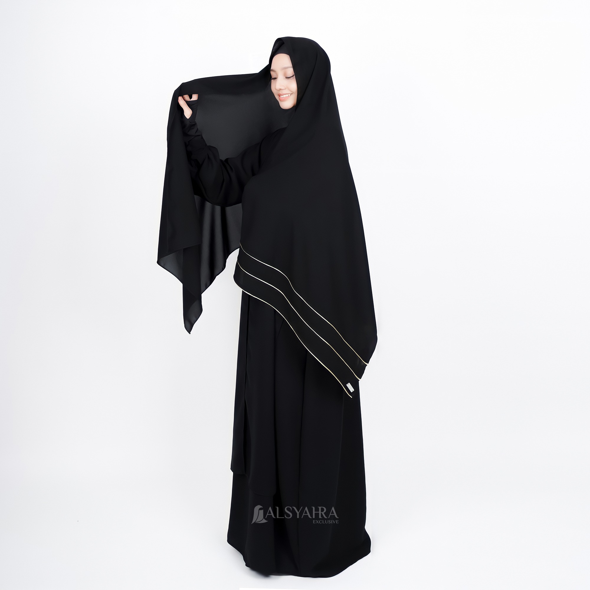 Alsyahra Exclusive - Set Long Pashmina Panjang Syahra List Gold Cadar Soft Jetblack