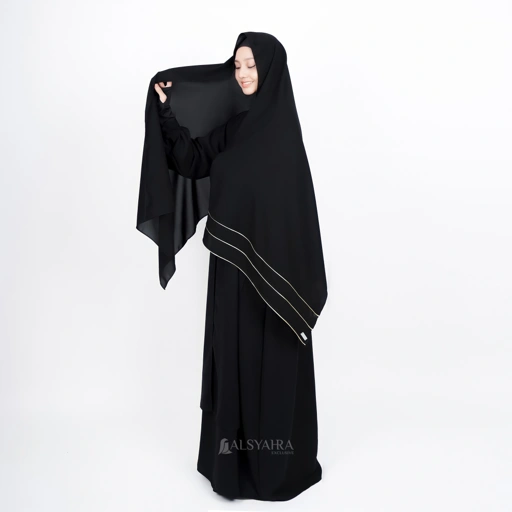 Image of Alsyahra Exclusive - Set Long Pashmina Panjang Syahra List Gold Cadar Soft Jetblack