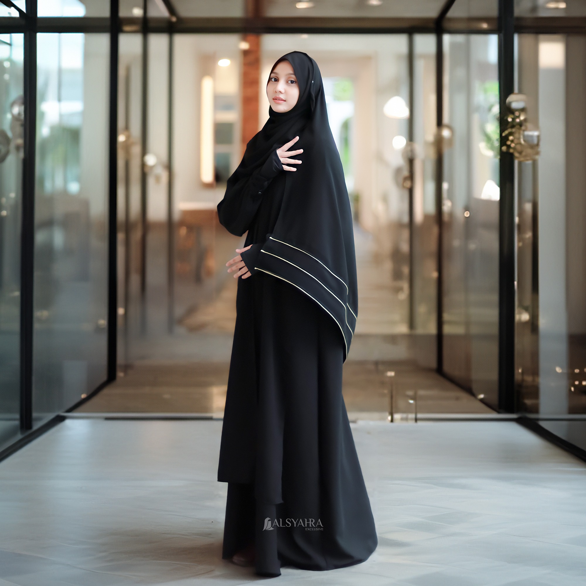 Alsyahra Exclusive - Set Long Pashmina Panjang Syahra List Gold Cadar Soft Jetblack