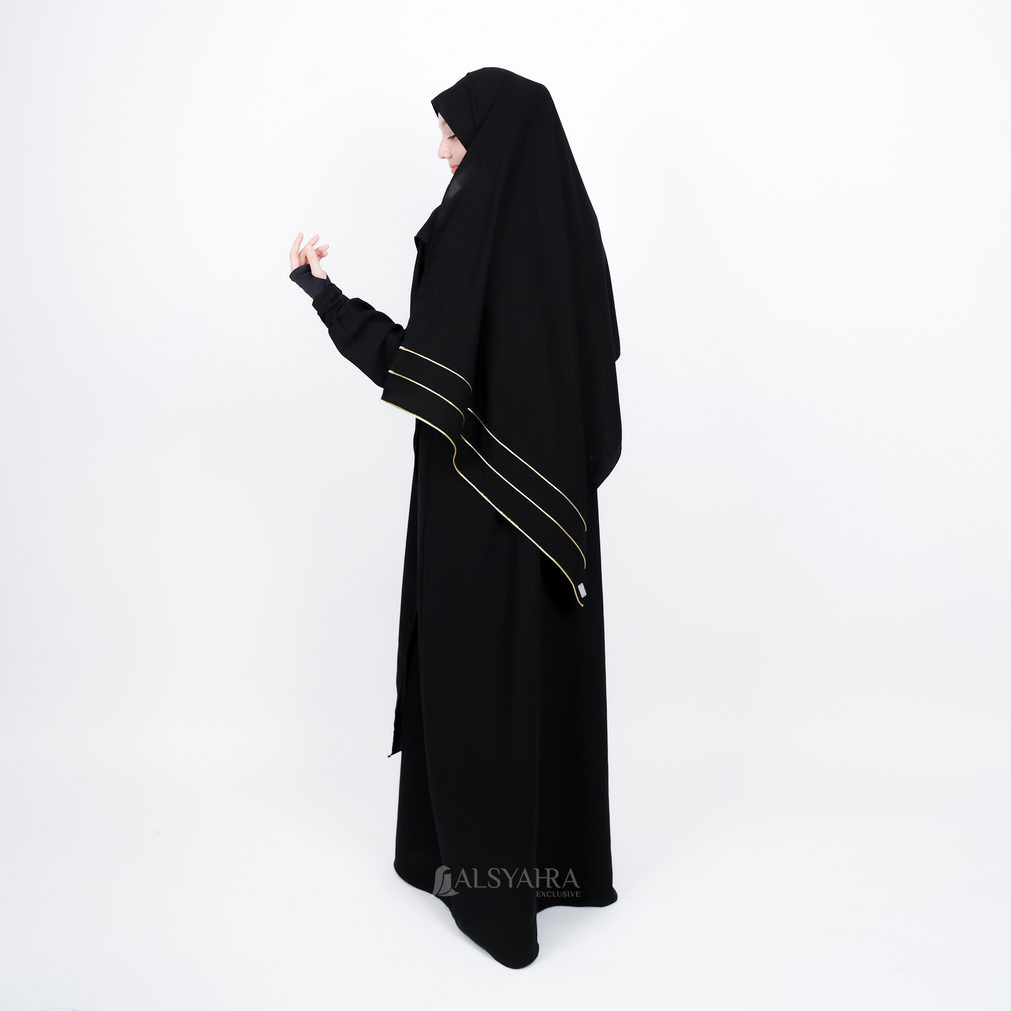 Alsyahra Exclusive - Set Long Pashmina Panjang Syahra List Gold Cadar Soft Jetblack