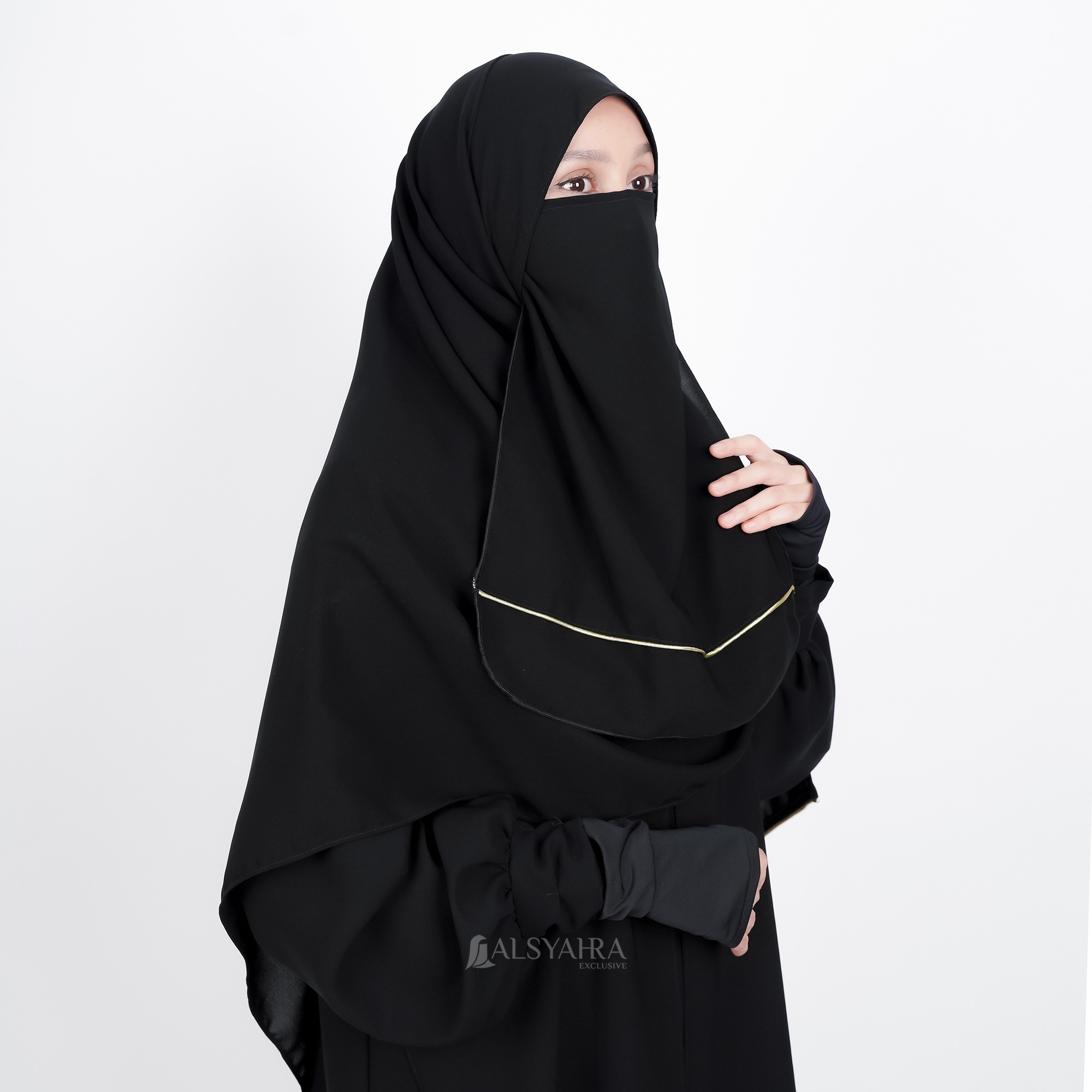 Alsyahra Exclusive - Set Long Pashmina Panjang Syahra List Gold Cadar Soft Jetblack