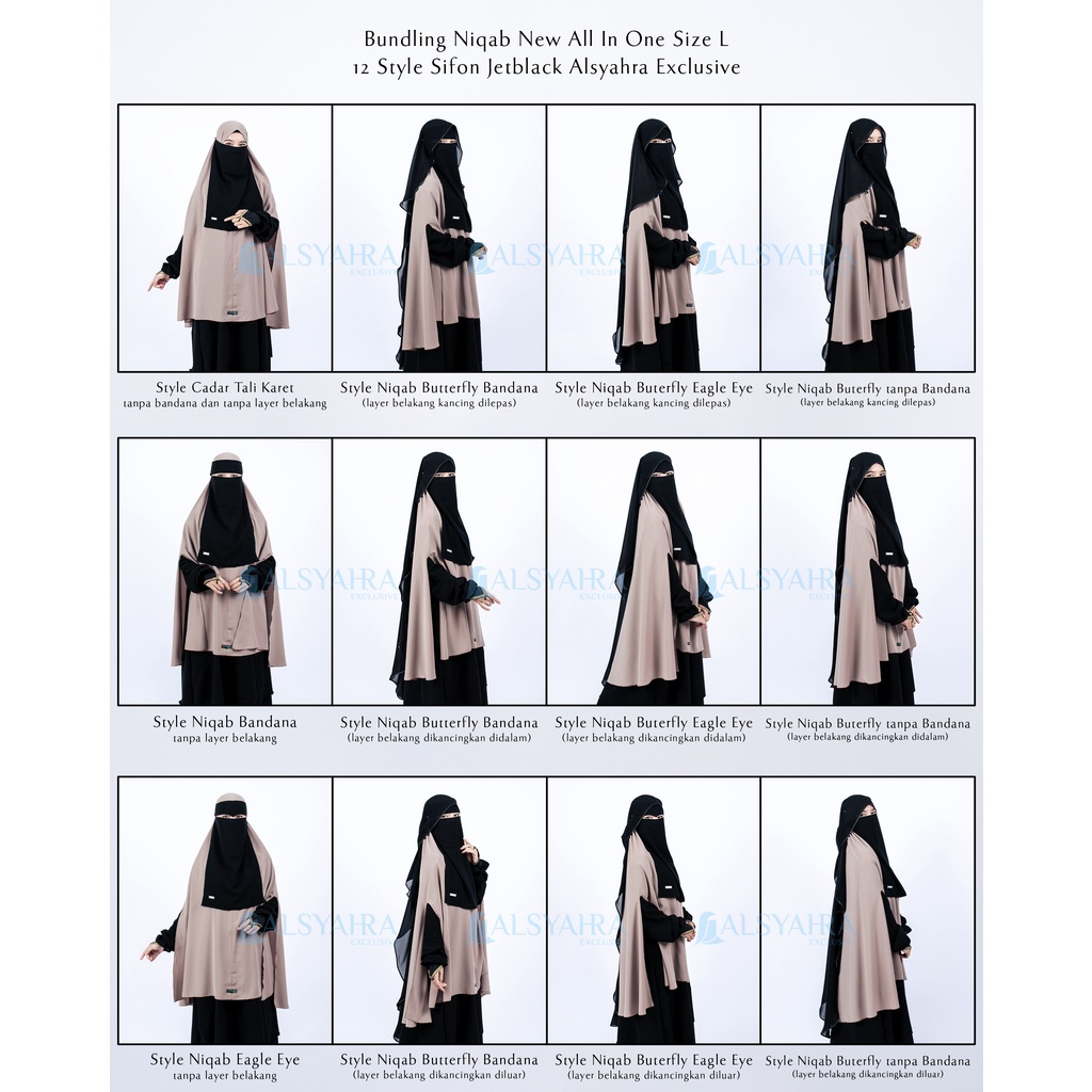 Alsyahra Exclusive - Bundling Niqab All In One Size L Sifon Silk Jetblack Arab 12 Style