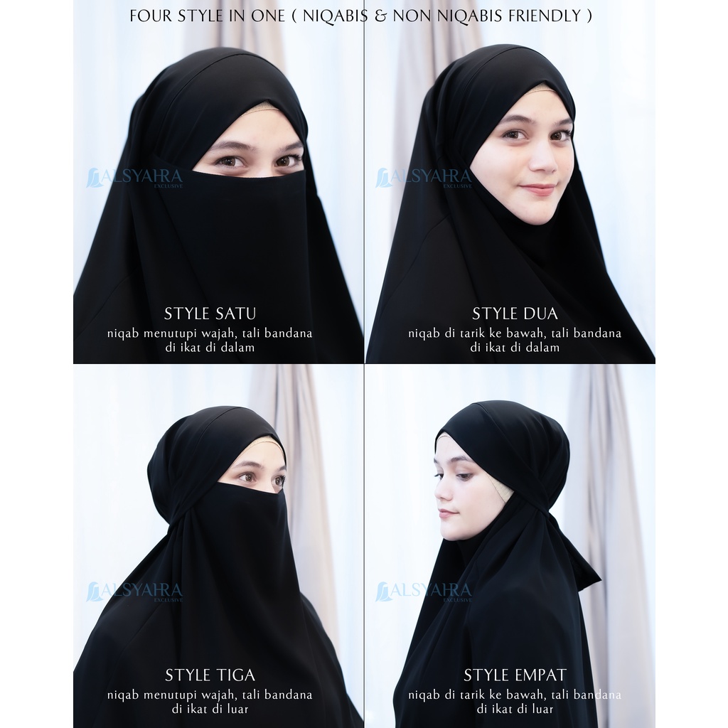 Alsyahra Exclusive - Khiban French Khimar Lancip V Ayumi 2 Layer Sifon Silk Jetblack Arab Size L