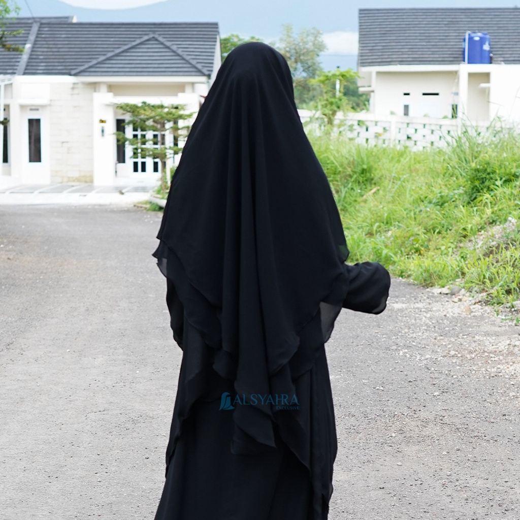Alsyahra Exclusive - Khiban French Khimar Lancip V Ayumi 2 Layer Sifon Silk Jetblack Arab Size L