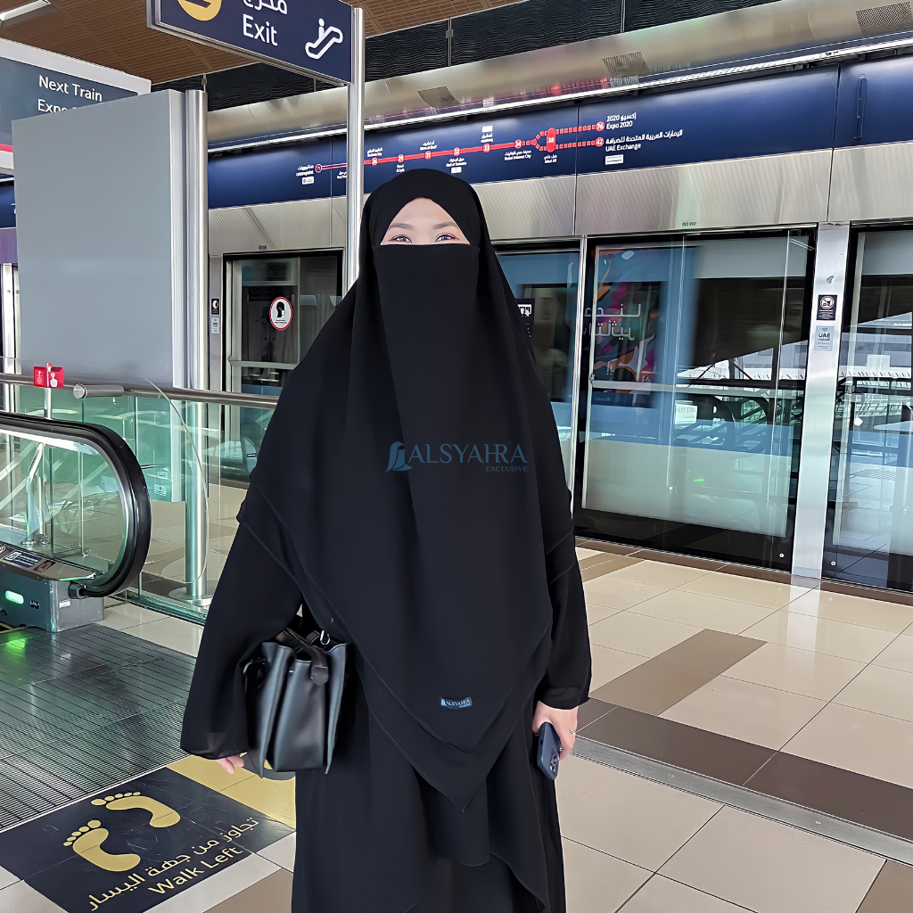 Alsyahra Exclusive - Khiban French Khimar Lancip V Ayumi 2 Layer Sifon Silk Jetblack Arab Size L