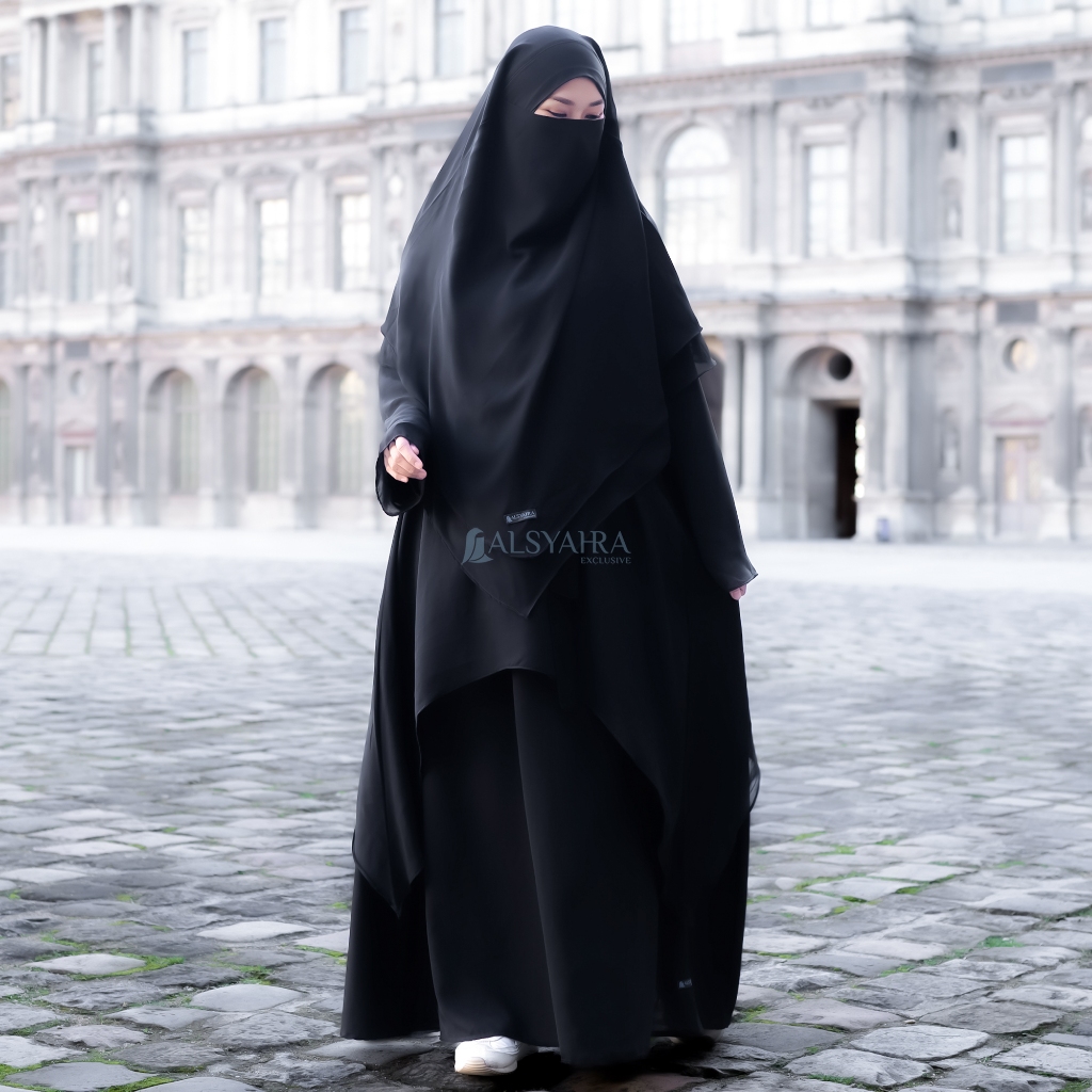 Alsyahra Exclusive - Khiban French Khimar Lancip V Ayumi 2 Layer Sifon Silk Jetblack Arab Size L