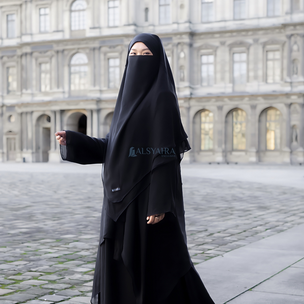 Alsyahra Exclusive - Khiban French Khimar Lancip V Ayumi 2 Layer Sifon Silk Jetblack Arab Size L