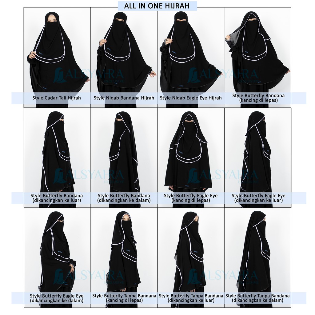 Alsyahra Exclusive - Bundling Niqab All In One Hijrah Size L Sifon Silk Jetblack Arab 12 Style