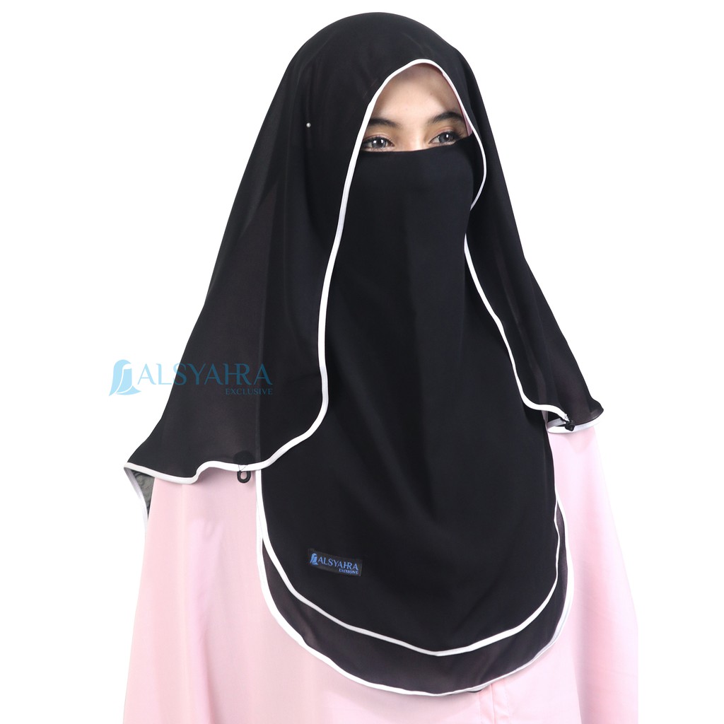 Alsyahra Exclusive - Bundling Niqab All In One Hijrah Size L Sifon Silk Jetblack Arab 12 Style
