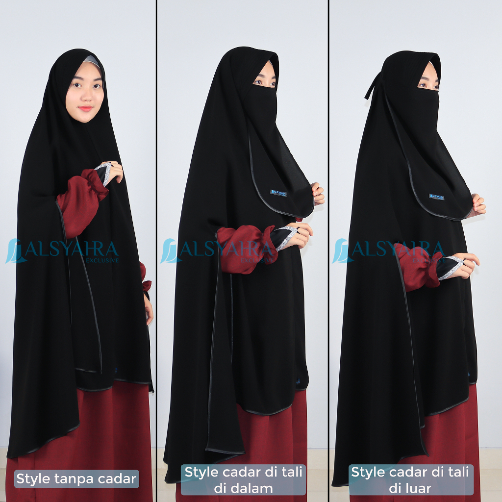 Alsyahra Exclusive - Set Khimar Syari Handsplit Bisban PAD Cadar Tali Jetblack
