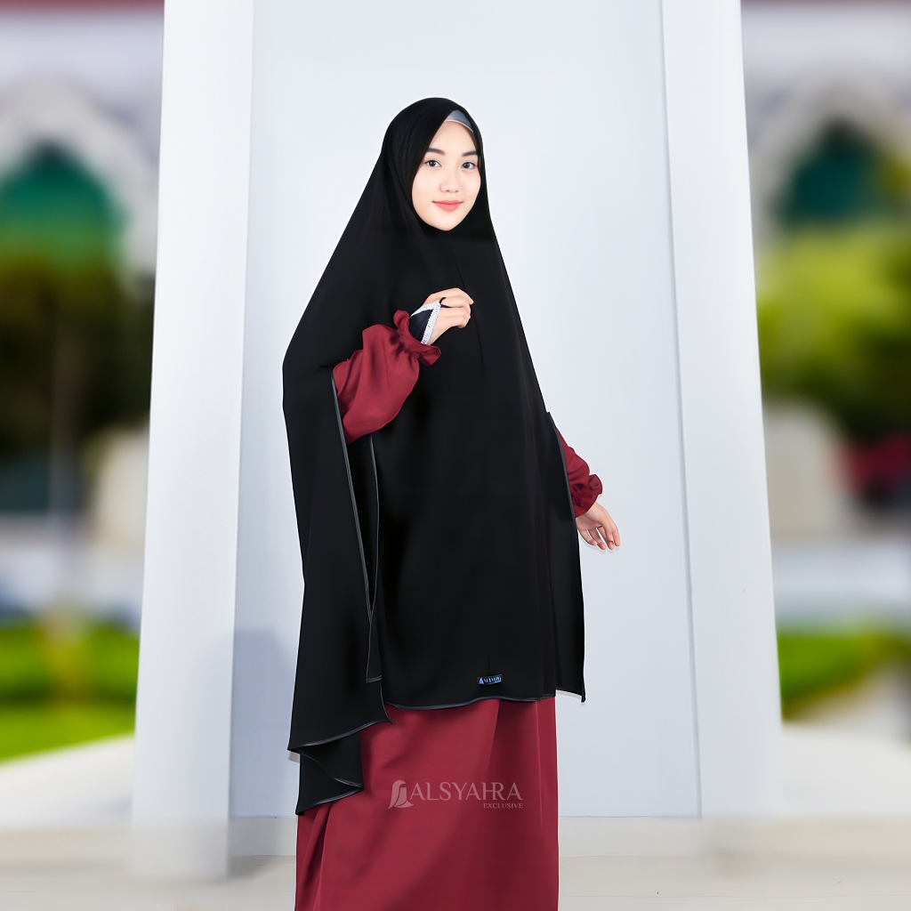 Alsyahra Exclusive - Set Khimar Syari Handsplit Bisban PAD Cadar Tali Jetblack