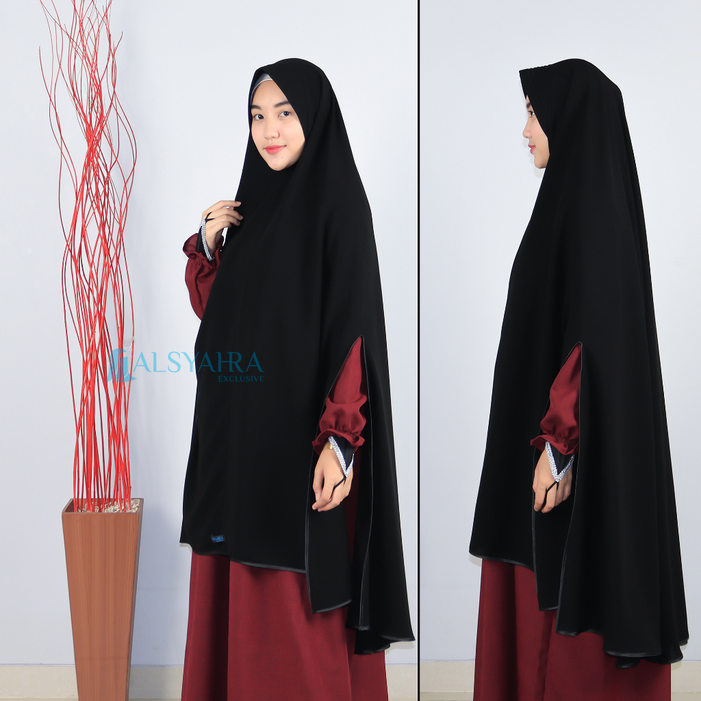 Alsyahra Exclusive - Set Khimar Syari Handsplit Bisban PAD Cadar Tali Jetblack