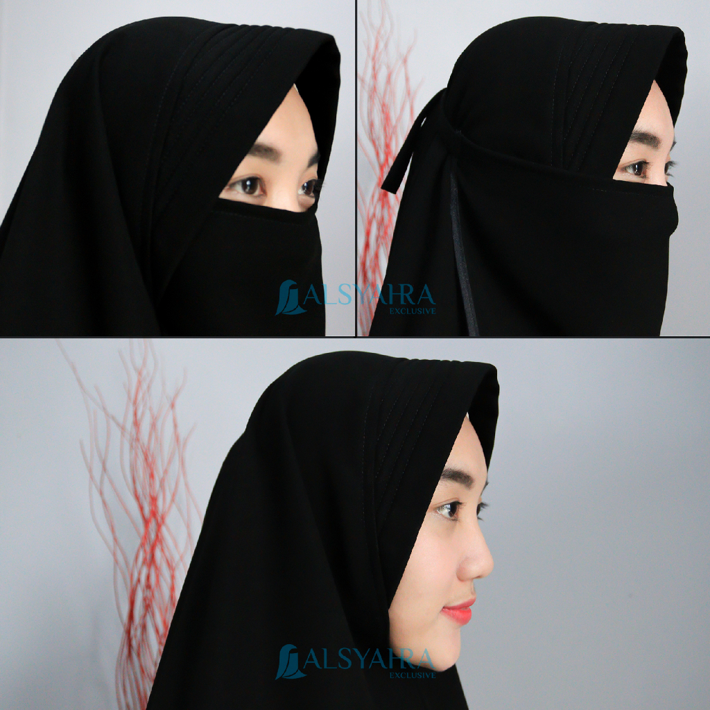 Alsyahra Exclusive - Set Khimar Syari Handsplit Bisban PAD Cadar Tali Jetblack