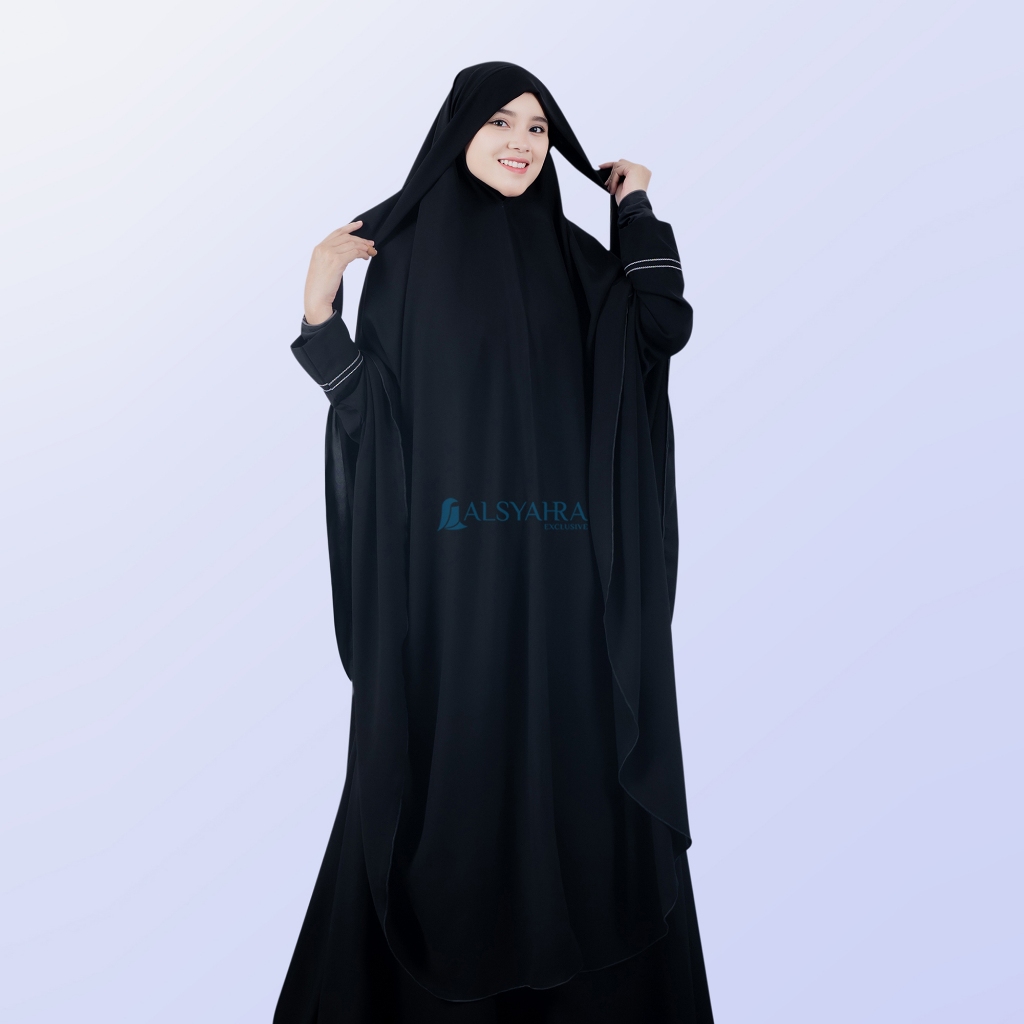 Alsyahra Exclusive - Set Long Khiban Khimar Bandana Syari Like Mukena Haramain Cadar Jetblack