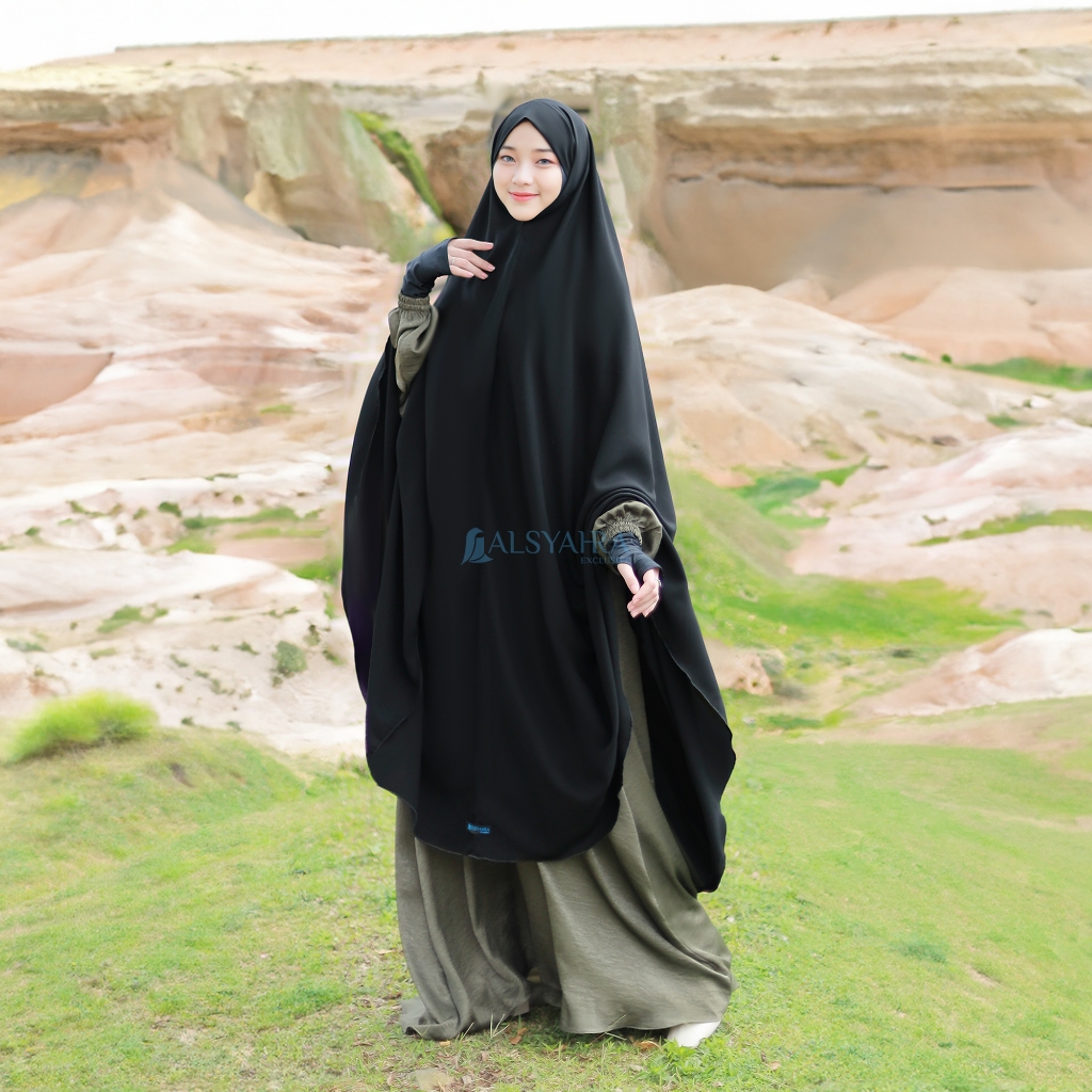 Alsyahra Exclusive - Set Long Khiban Khimar Bandana Syari Like Mukena Haramain Cadar Jetblack