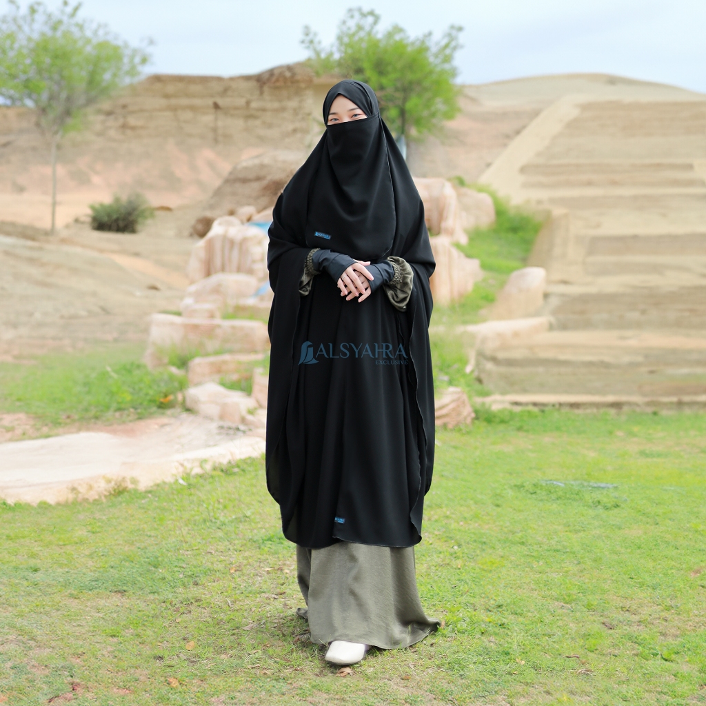 Alsyahra Exclusive - Set Long Khiban Khimar Bandana Syari Like Mukena Haramain Cadar Jetblack