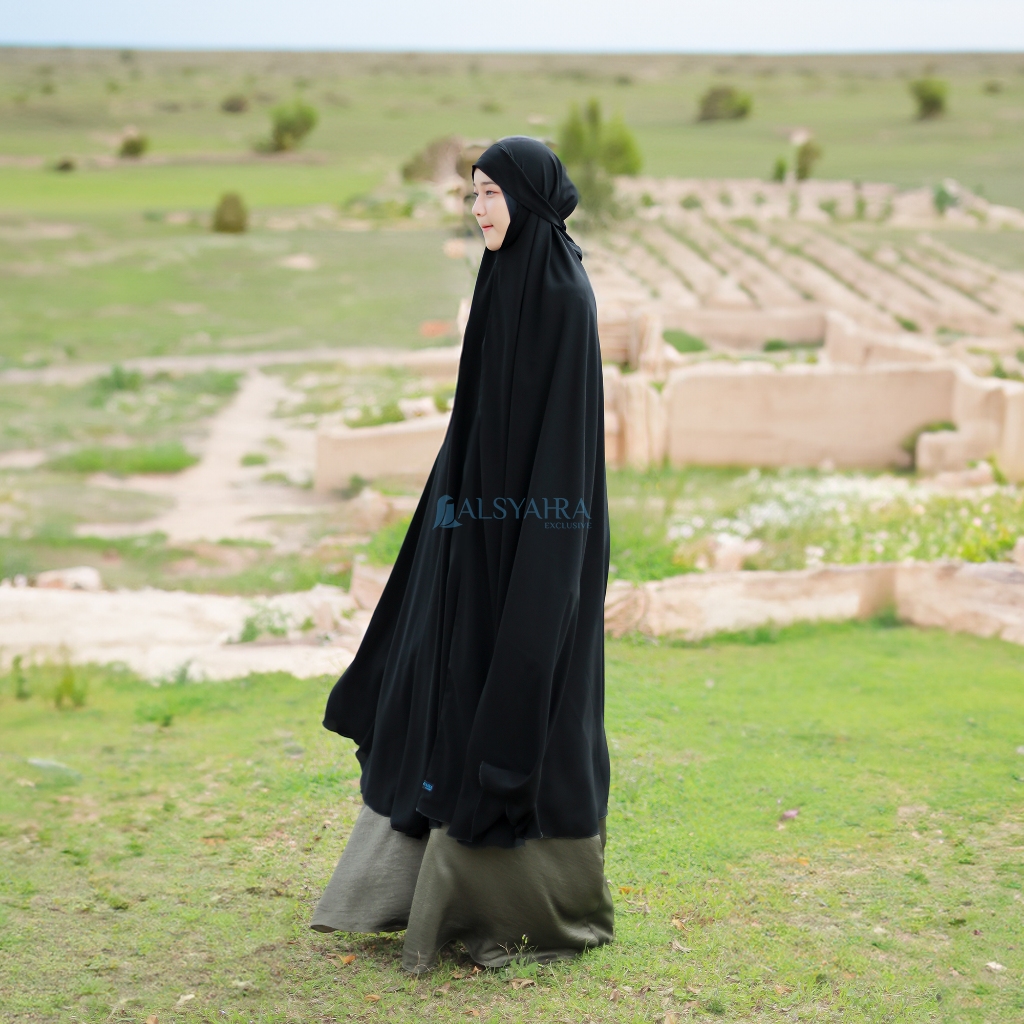 Alsyahra Exclusive - Set Long Khiban Khimar Bandana Syari Like Mukena Haramain Cadar Jetblack