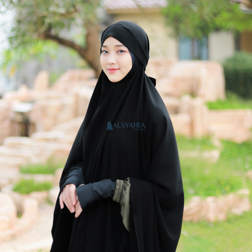 Alsyahra Exclusive - Set Long Khiban Khimar Bandana Syari Like Mukena Haramain Cadar Jetblack