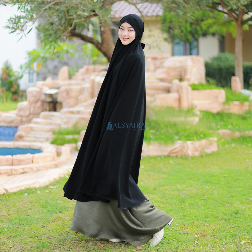 Alsyahra Exclusive - Set Long Khiban Khimar Bandana Syari Like Mukena Haramain Cadar Jetblack