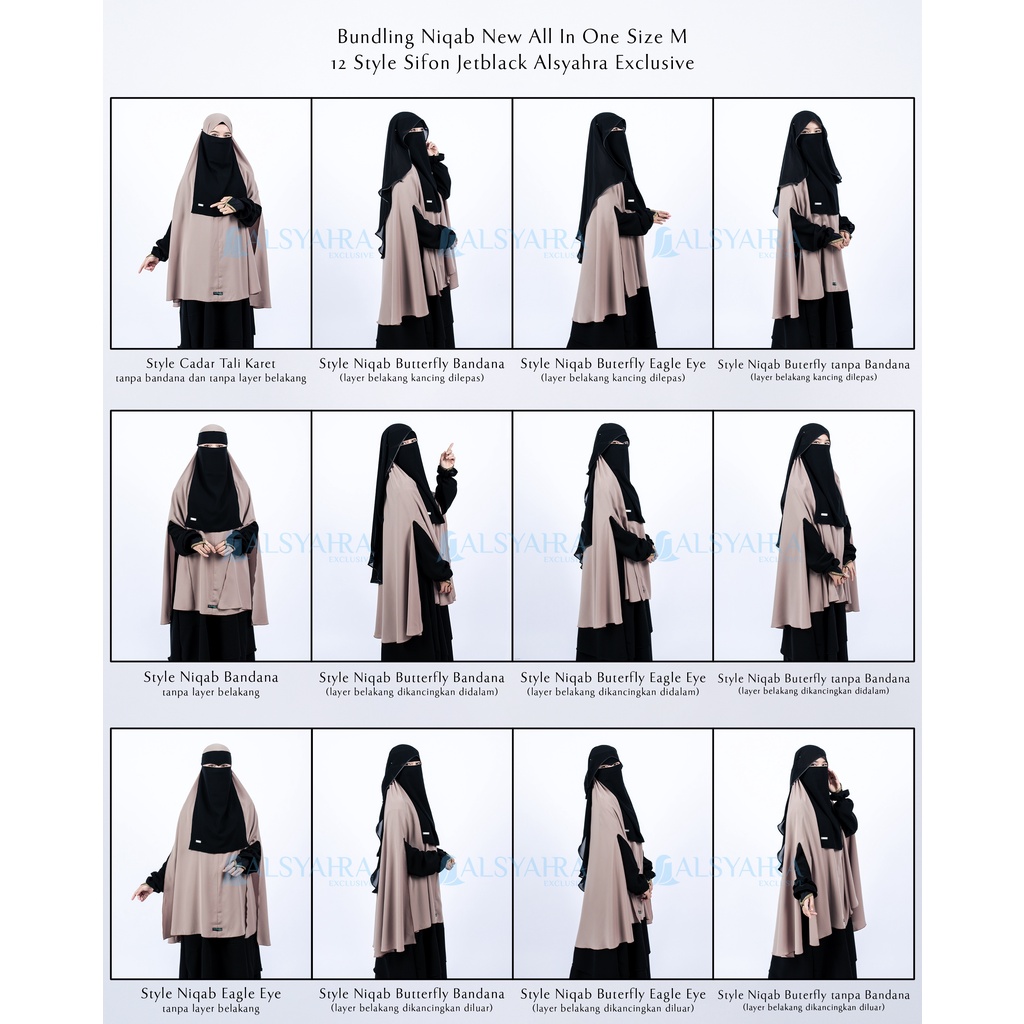 Alsyahra Exclusive - Bundling Niqab All In One Size M Sifon Silk Jetblack Arab 12 Style