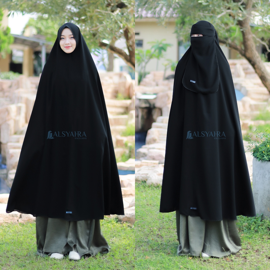 Alsyahra Exclusive - Set Long Khimar Like Mukena Haramain Niqab Bandana Jetblack
