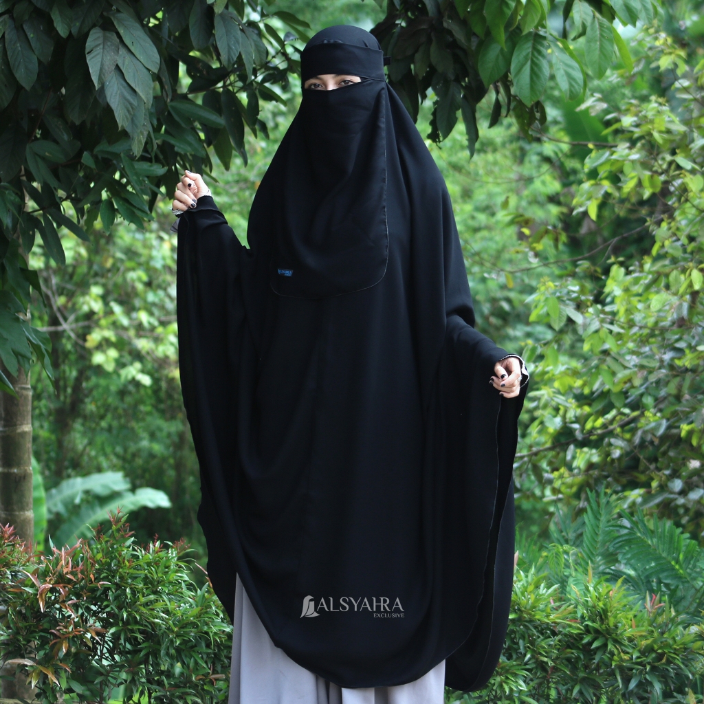 Alsyahra Exclusive - Set Long Khimar Like Mukena Haramain Niqab Bandana Jetblack