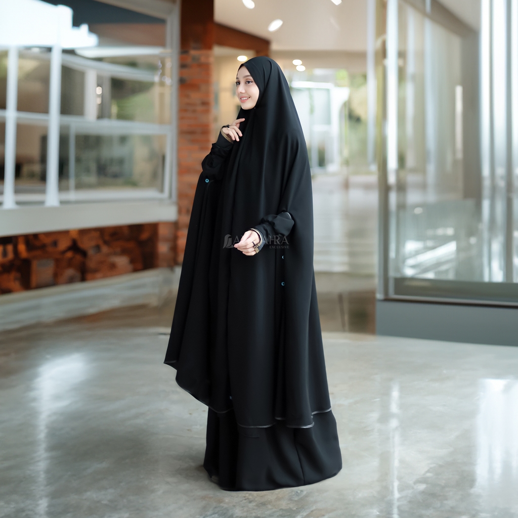 Alsyahra Exclusive - Set Long Khimar Like Mukena Handsplit Raudhah Haramain Cadar Jetblack
